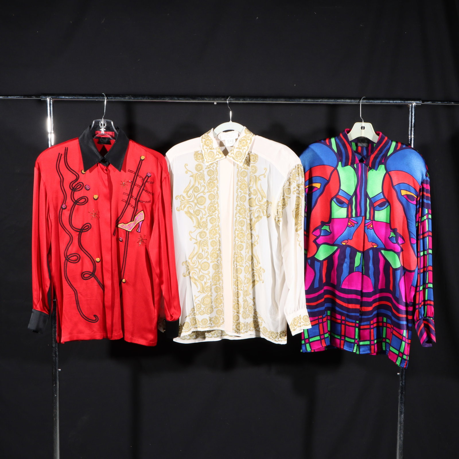Collection of 3 Escada by Margaretha Ley silk shirts including a Western Shirt, a Gold Pattern (1 of 16)