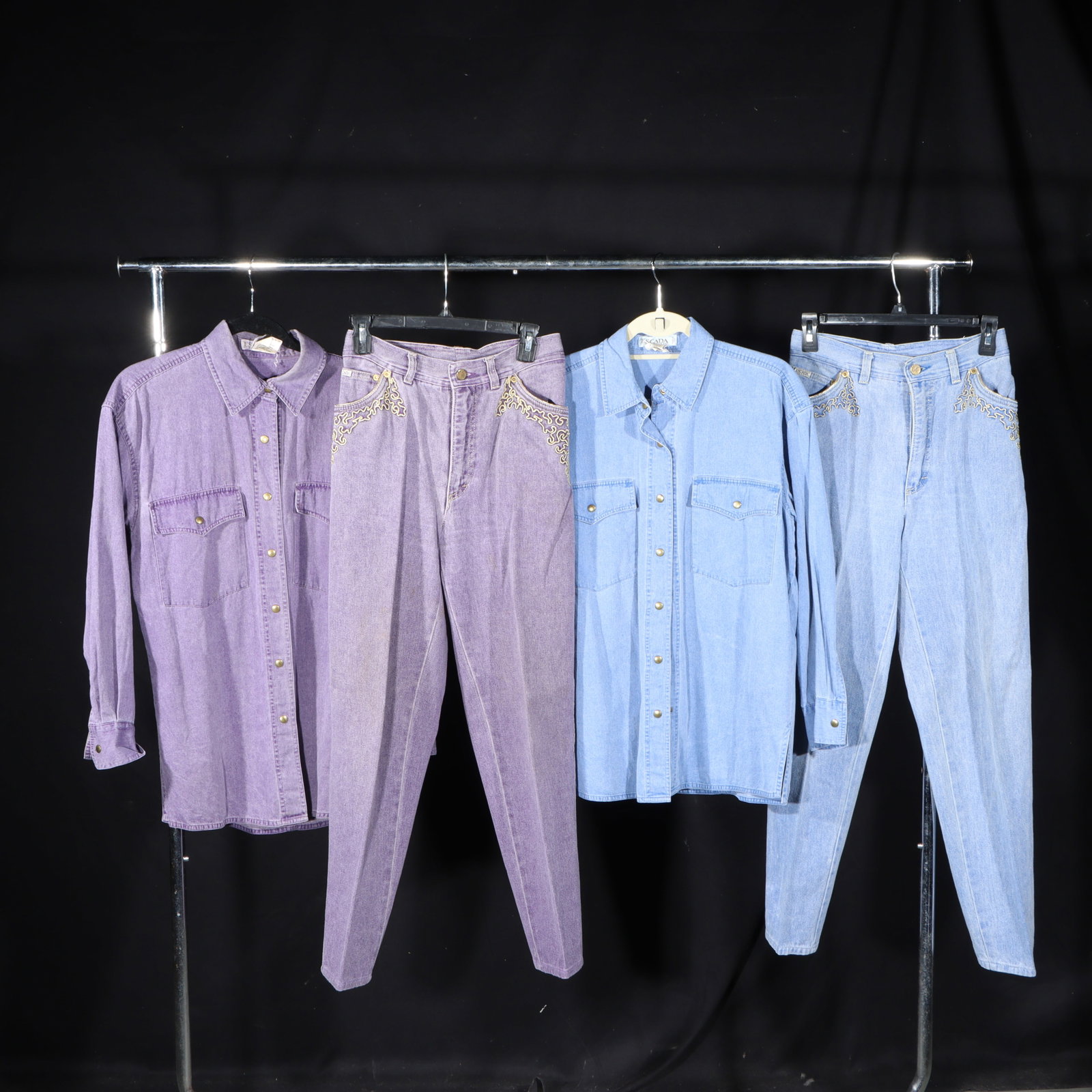 4pc. Escada by Margaretha Ley embroidered purple & blue denim shirts and matching pants 21" pit to (1 of 17)