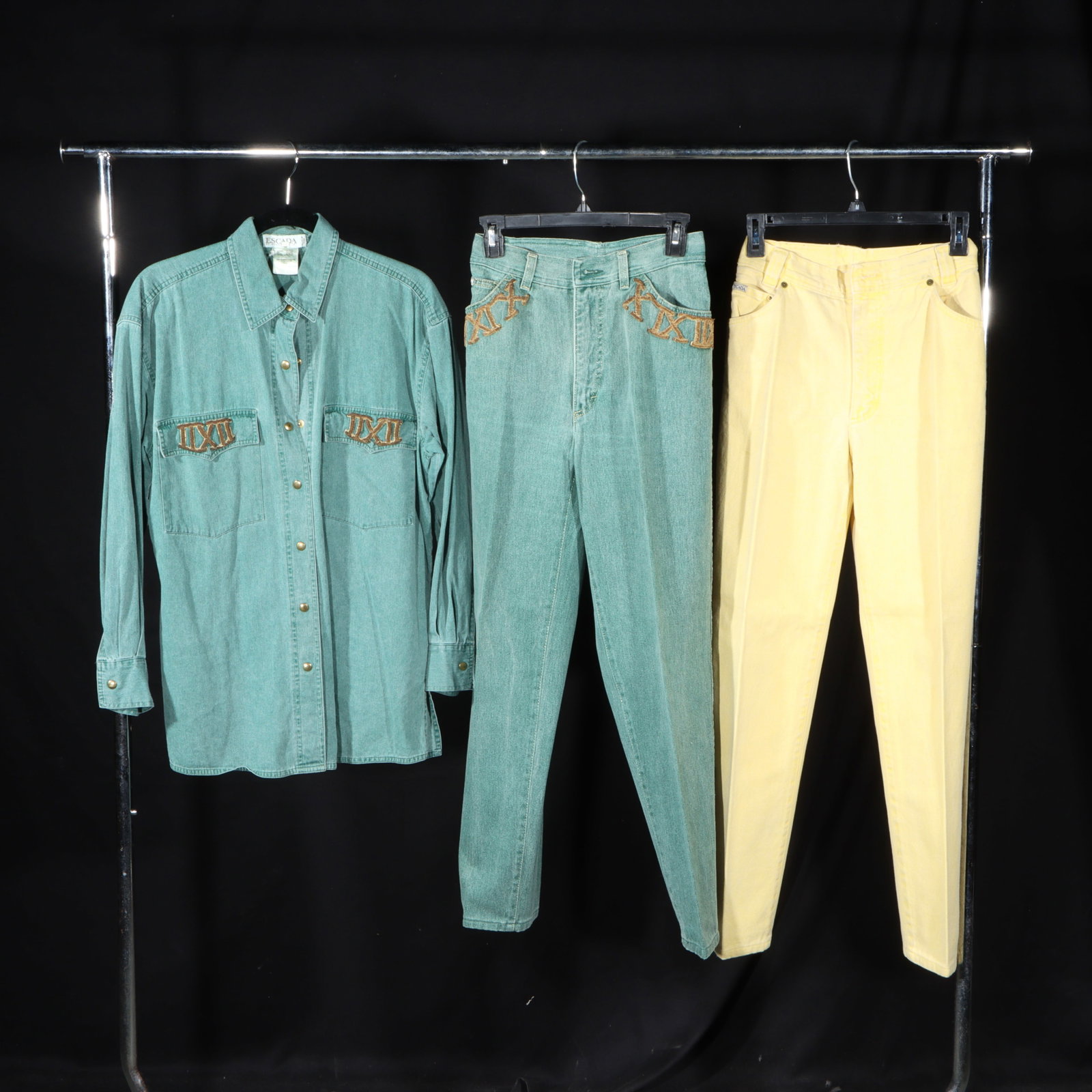 3 pc. Escada by Margaretha Ley embroidered green denim shirt and matching jean pants & a pair of (1 of 13)