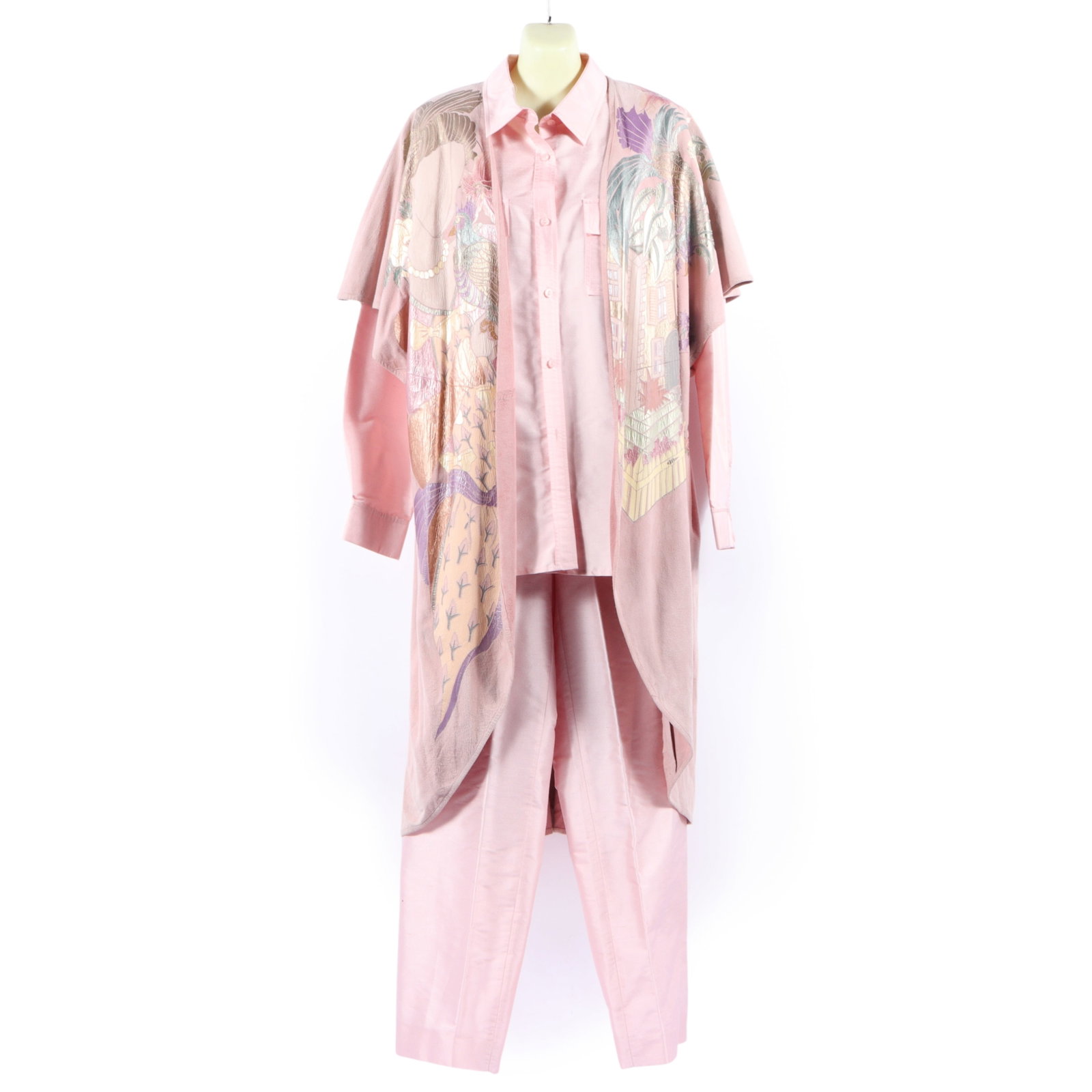 Real Clothing silk long sleeve top & pants with decorative hand painted shabby suede full length: Real Clothing silk long sleeve top & pants with decorative hand painted shabby suede full length rounded suede open vest A pink silk top and pants set. Also included is a matching pink suede vest with