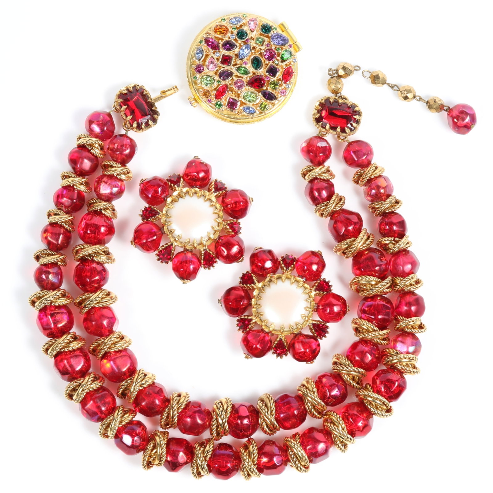 Jay Strongwater 3pc group: jeweled compact with dust bag and original box, and chunky double strand (1 of 12)
