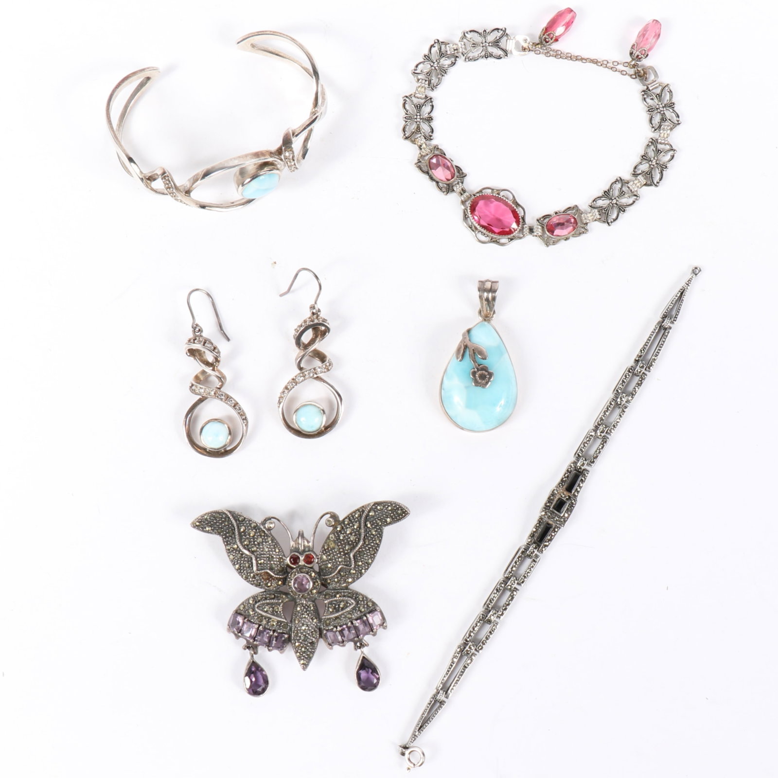 7pc. sterling silver jewelry collection; 3/8"D x 2 1/8"H x 2 1/2"W brooch (1 of 10)
