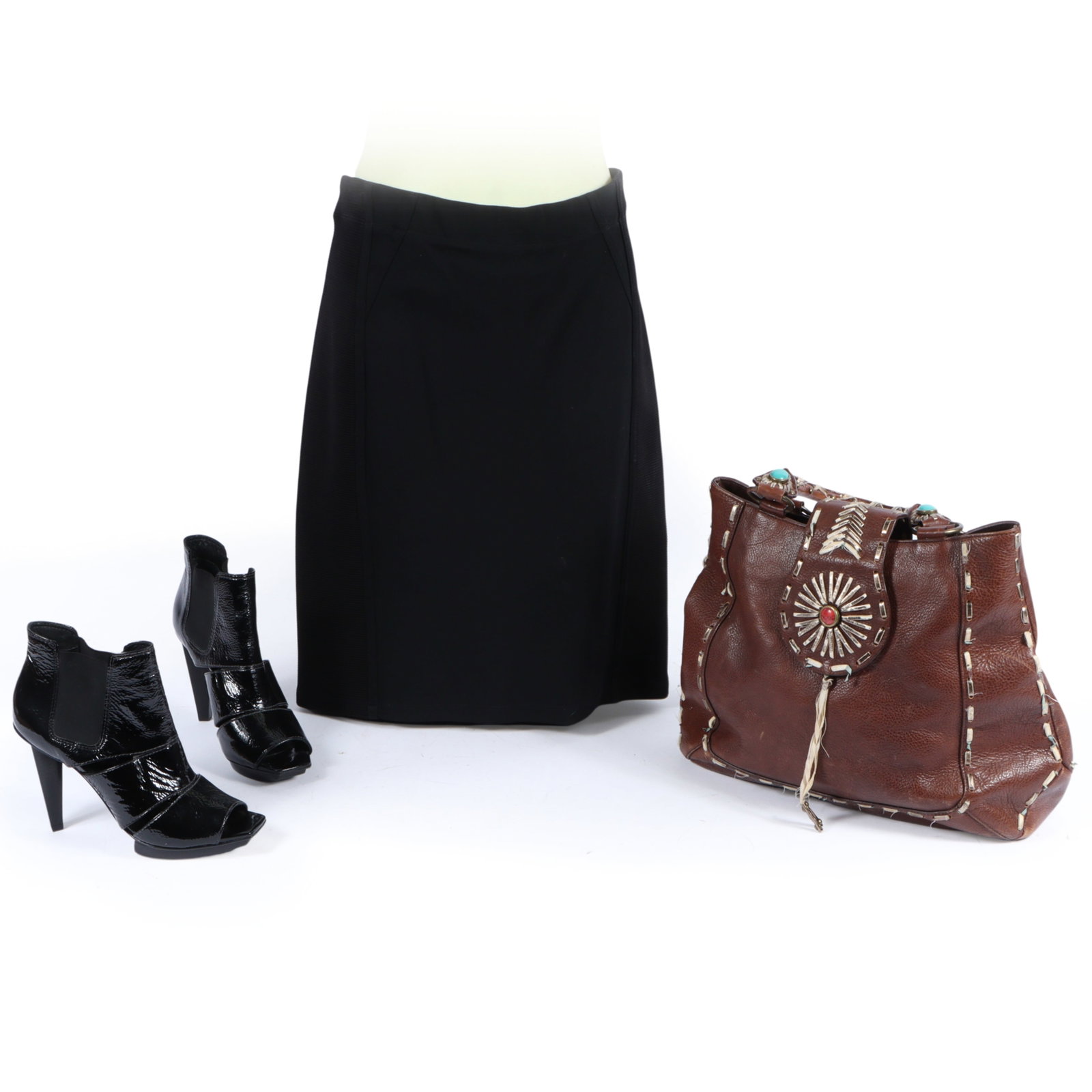 3pc. BCBG collection including BCBGMaxAzria heels & skirt and a BCBGGirls bag 12"H x 15"W x 3: 3pc. BCBG collection including BCBGMaxAzria heels & skirt and a BCBGGirls bag Included is a BCBGGirls brown leather purse shoulder bag, a pair of BCBGMaxAzria black patent leather heels/shoes and a BC