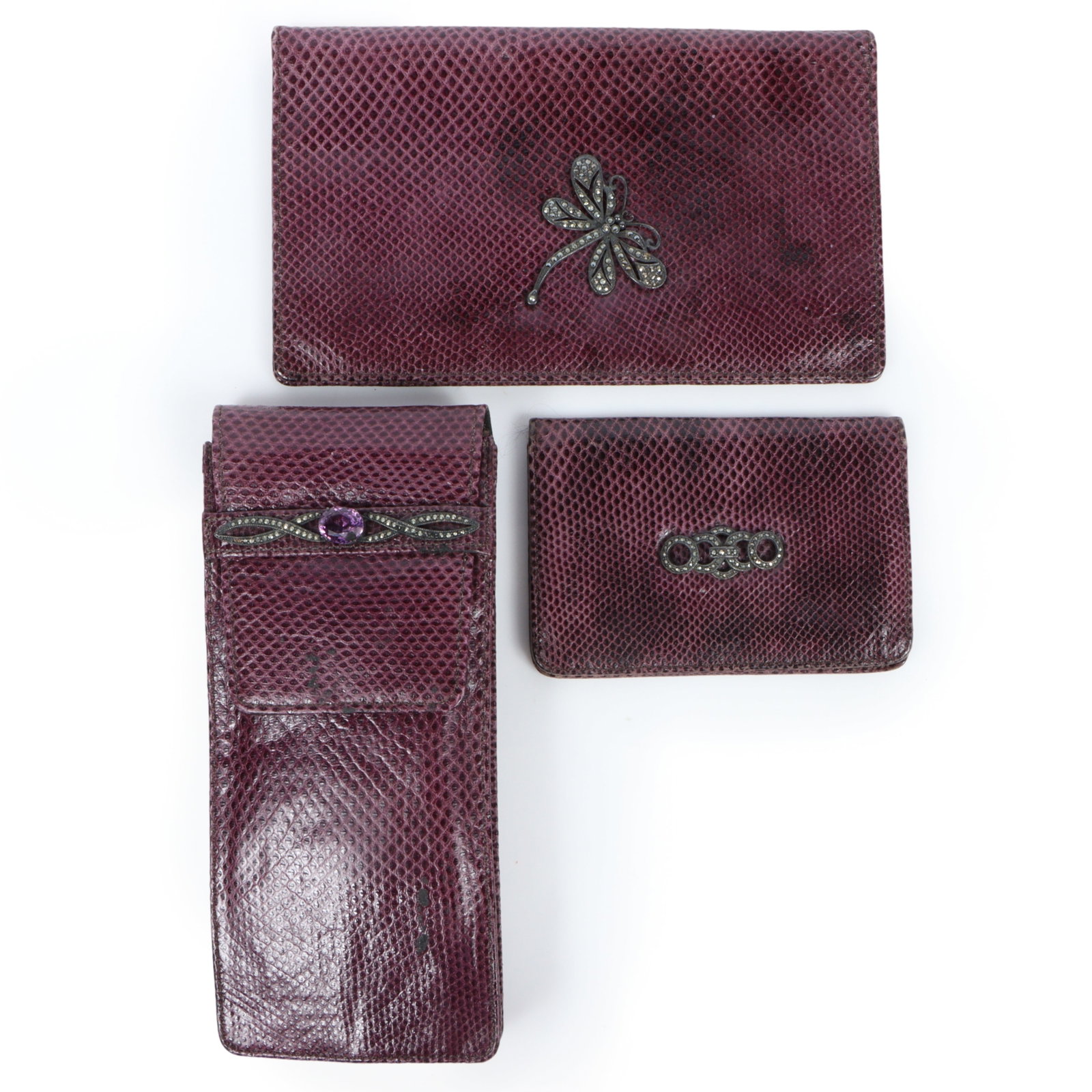Three piece Judith Leiber? Brighton? snakeskin embossed purple leather accessories featuring (1 of 16)