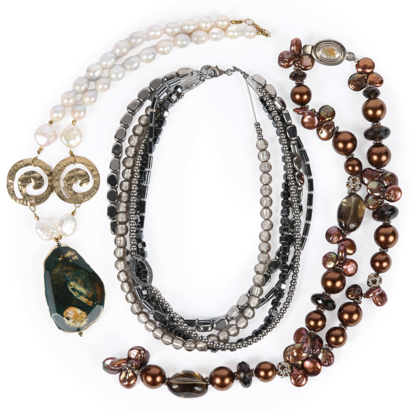 Three designer necklaces; Gioie e Gioielli Bijoux Italian agate and baroque pearl necklace, five (1 of 17)