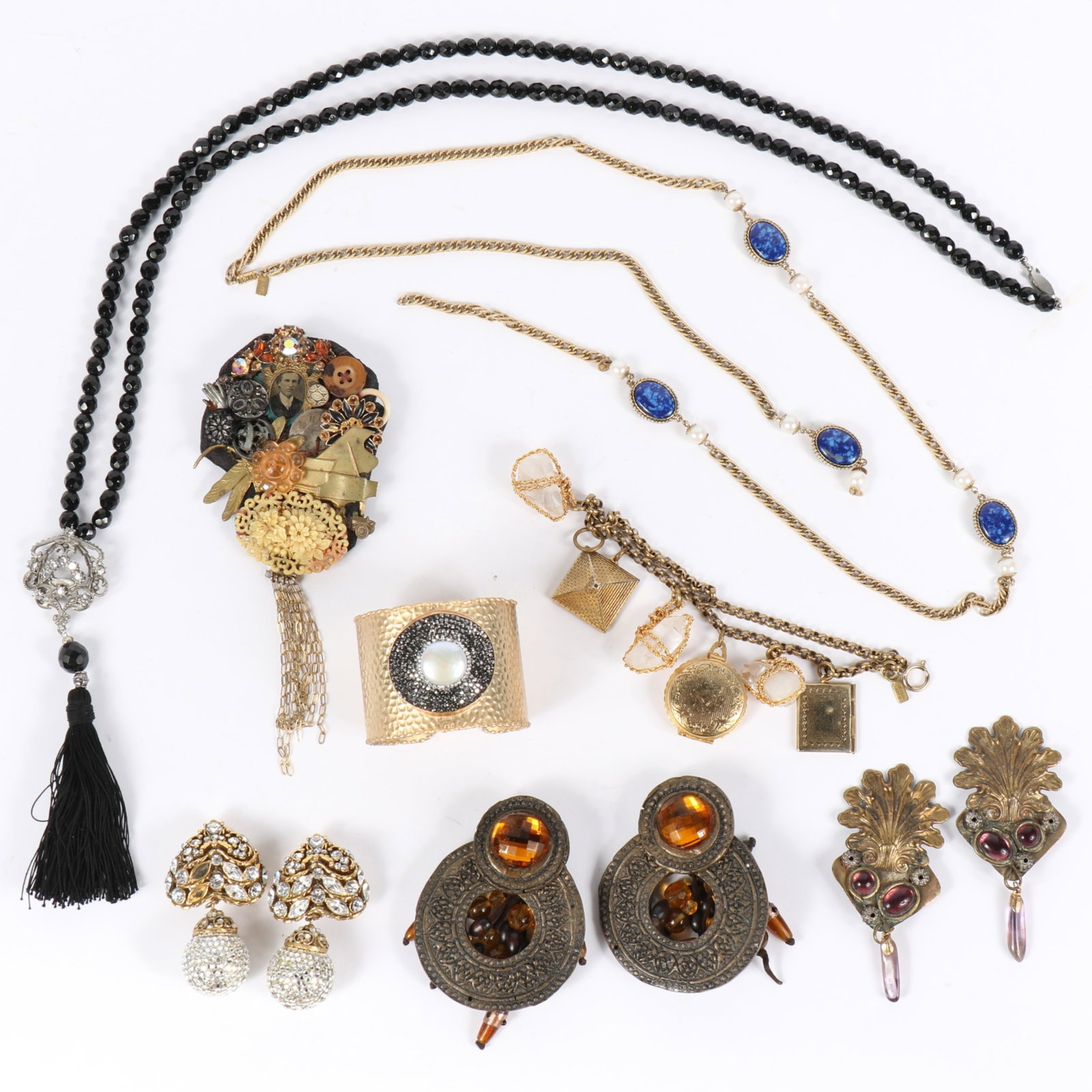 11 pc. costume jewelry collection; gold tone locket charm bracelet, jet crystal art deco style: 11 pc. costume jewelry collection; gold tone locket charm bracelet, jet crystal art deco style crystal beaded tassel necklace, hammered cuff bracelet with faux pearl, jeweled chunky earrings, and a ha