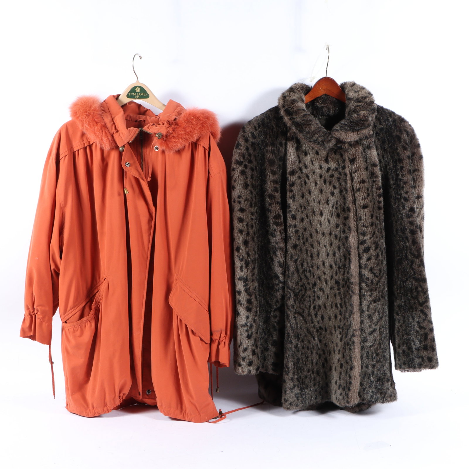 Two women's winter jackets including Sonia Rykiel Paris leopard print faux fur coat and NH Rosenthal: Two women's winter jackets including Sonia Rykiel Paris leopard print faux fur coat and NH Rosenthal silk jacket with rabbit fur trim Orange coat: size M 27"Pit to pit x 35"Collar to bottom hem (faux 