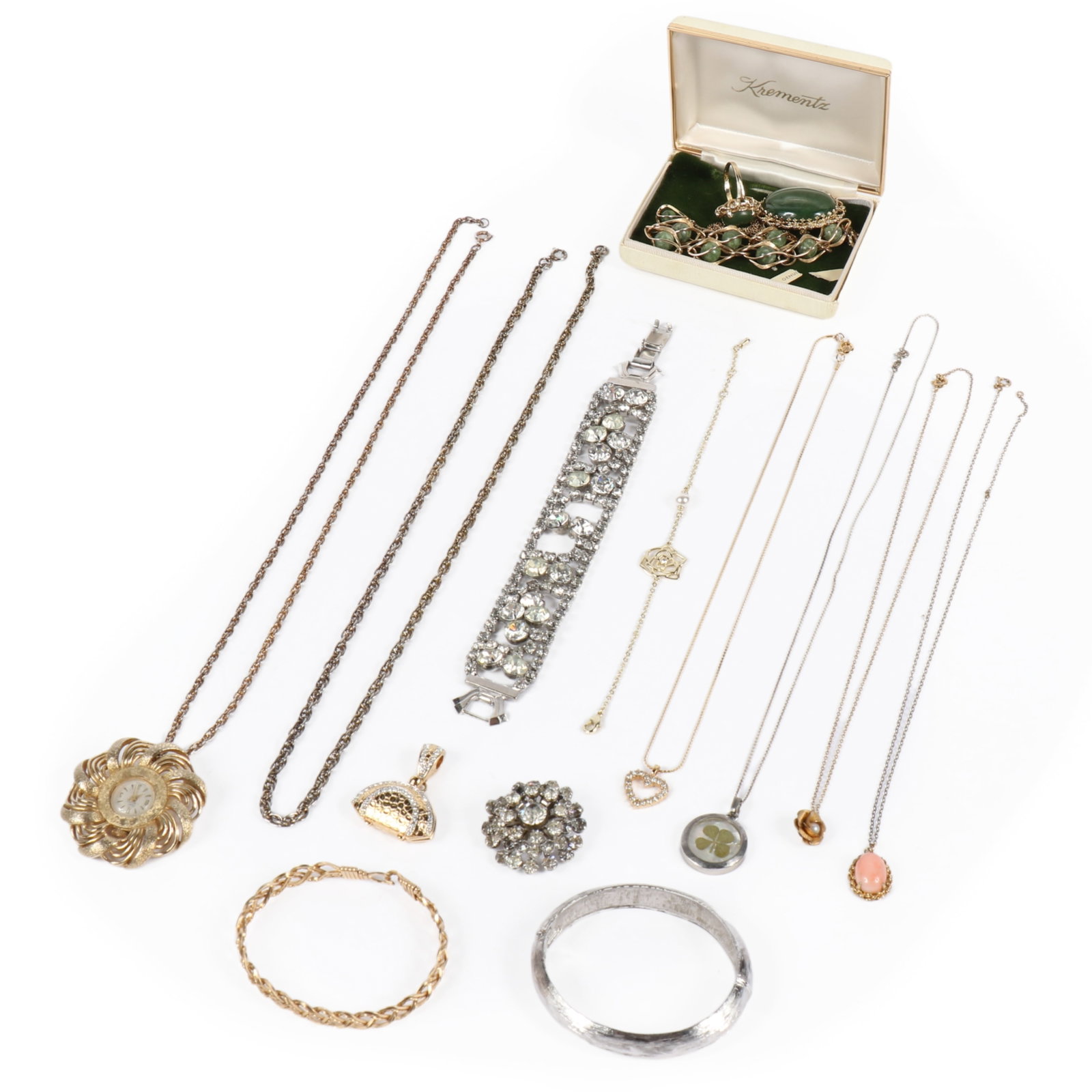 Clear rhinestone and gold filled vintage and costume jewelry lot, 16pc. 7"L x 1"W rhinestone (1 of 17)