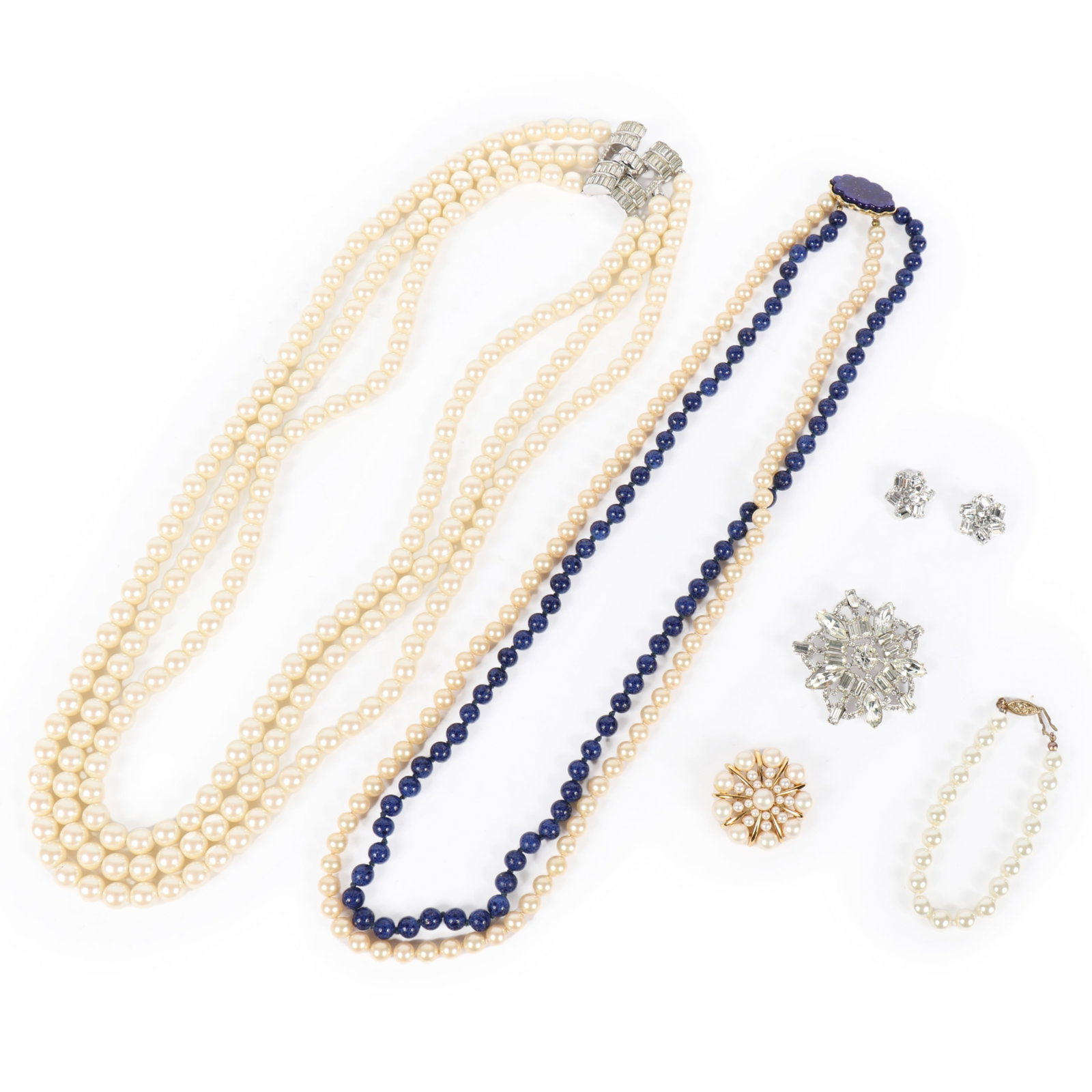 Vintage pearl and rhinestone costume jewelry, 6pc. triple and double strand necklaces incl. Les: Vintage pearl and rhinestone costume jewelry, 6pc. triple and double strand necklaces incl. Les Bernard with Lapis glass beads and floral clasp, brooches, bracelet and diamante earrings. 8 3/4"L brace