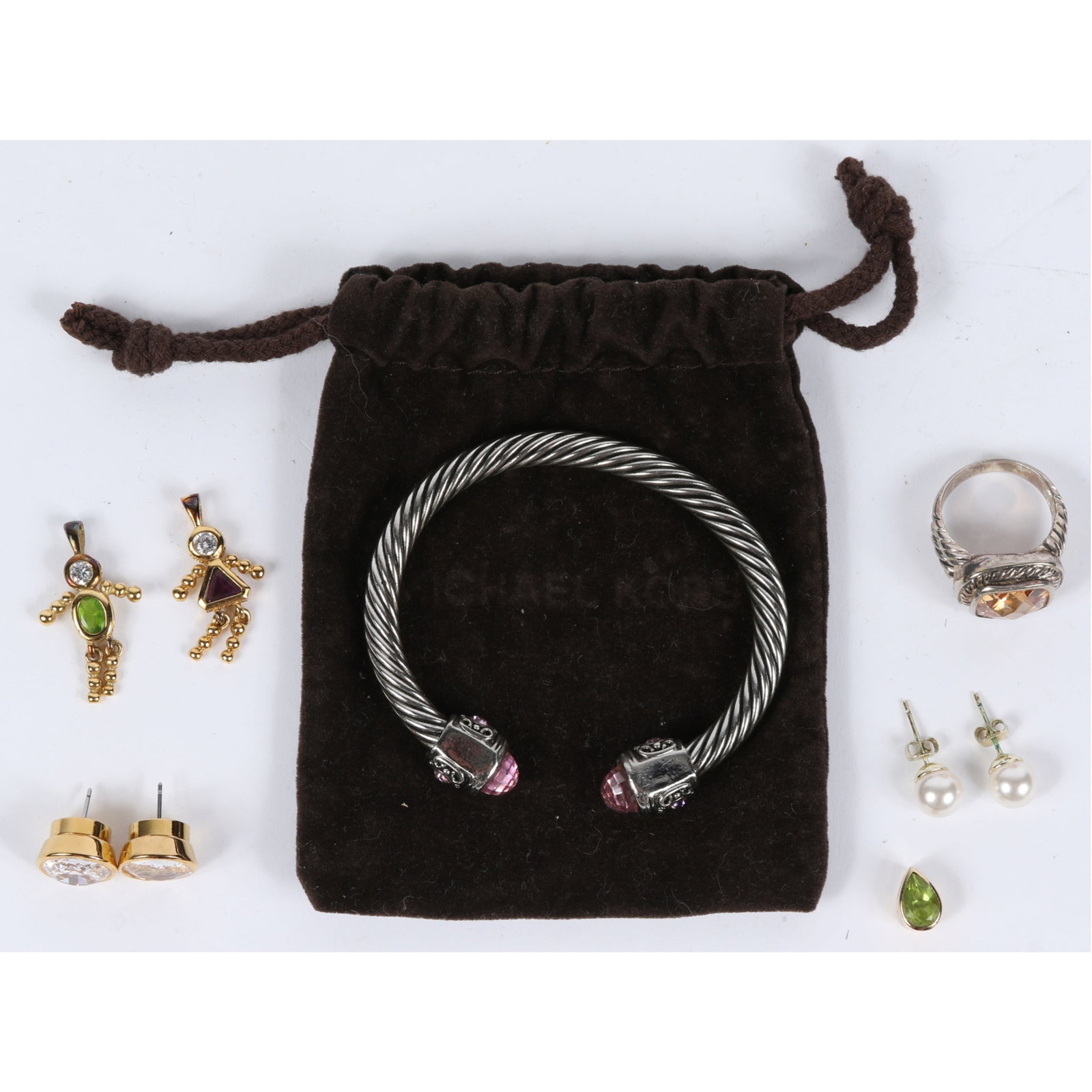 6pc. jewelry collection; Yurman style pink tourmaline? jewel cable bracelet, Michael Kors large: 6pc. jewelry collection; Yurman style pink tourmaline? jewel cable bracelet, Michael Kors large crystal stud earrings with bag, 14k gold pear shaped tourmaline pendant, Yurman style sterling silver cu