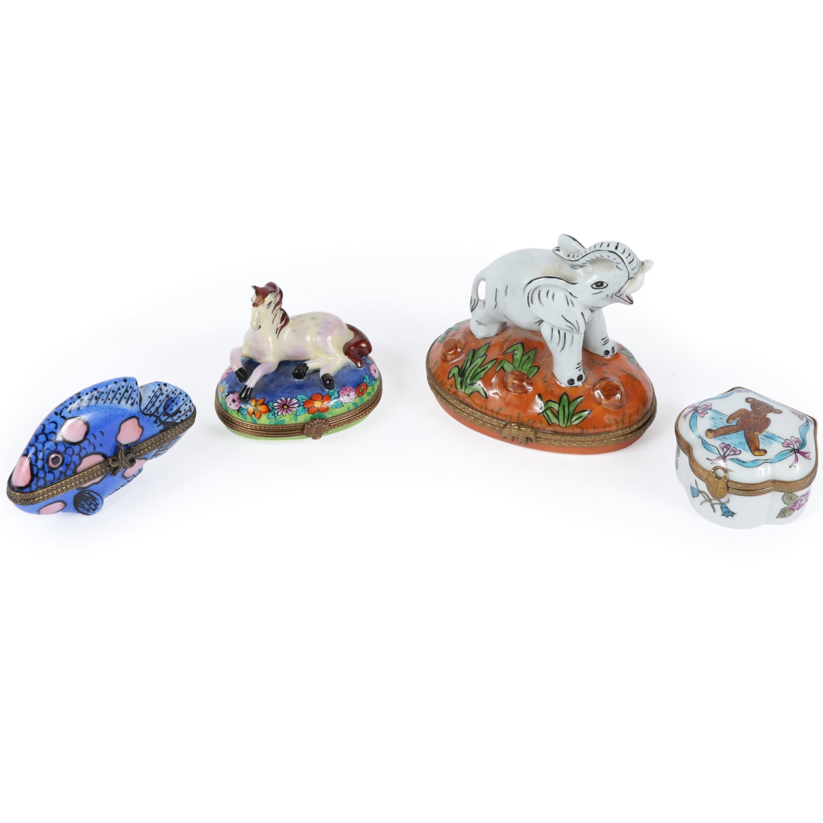 Four hand-painted Limoges porcelain trinket and pill boxes 3 3/8"H x 2 3/8"D x 3 1/2"W elephant box (1 of 16)