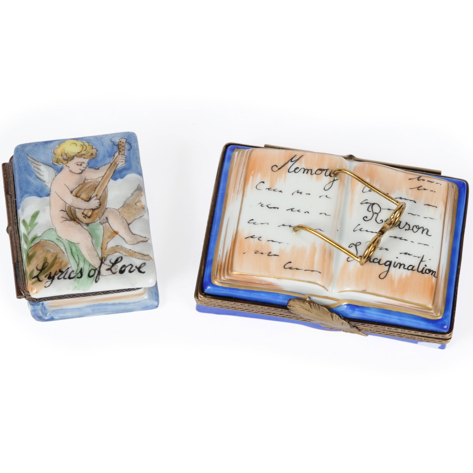 Two hand-painted Limoges porcelain book-shaped hinged trinket boxes, Thomas Jefferson, and Lyrics of (1 of 12)