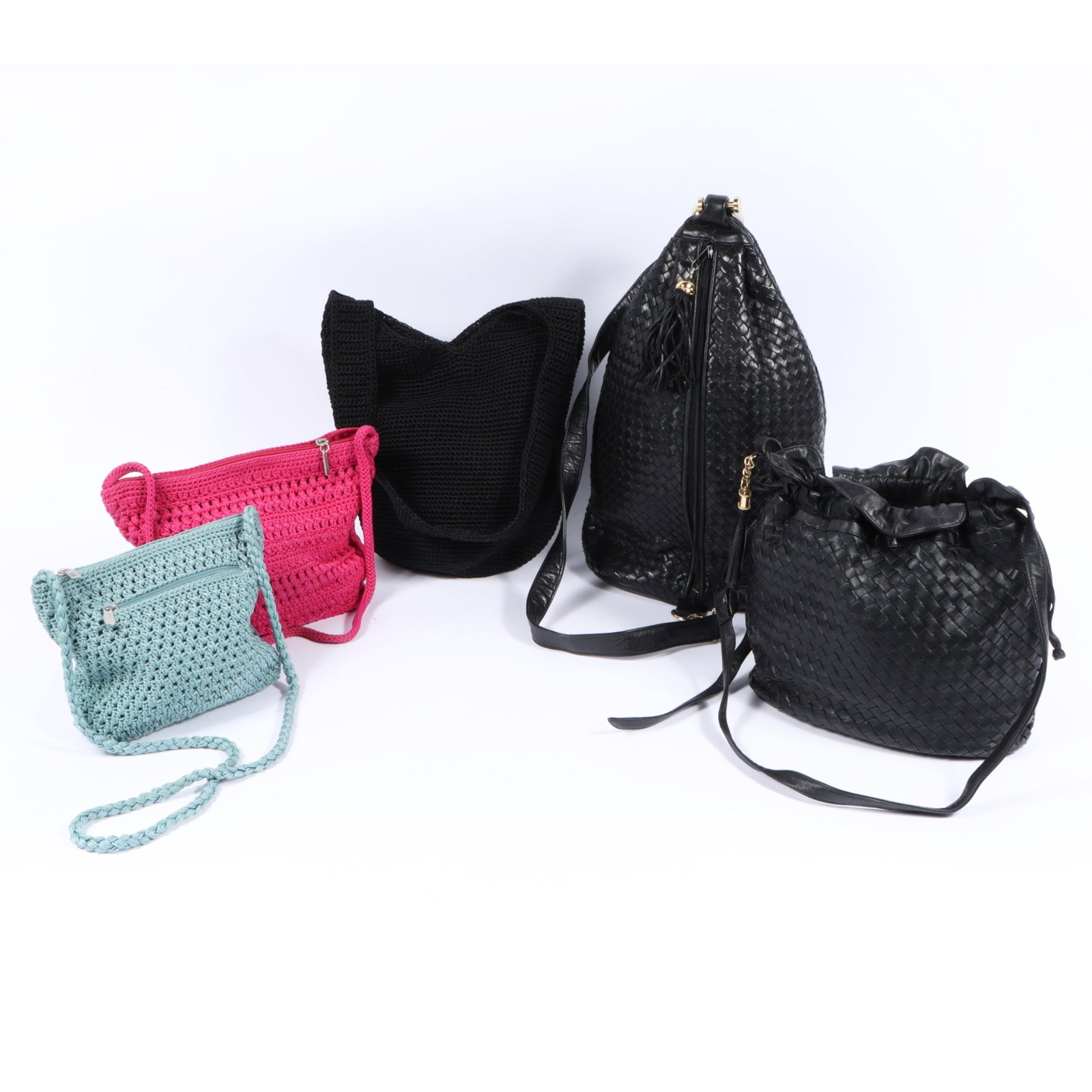 Five Purse bags including three Saks woven bags and two black leather bags 17"H x 13"W(body), (1 of 17)