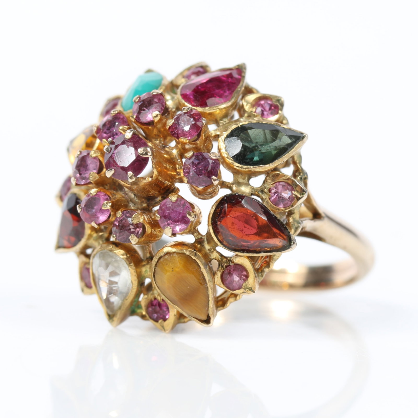 10k Yellow gold princess ring with ruby, sapphire, garnet, tiger's eye, and emerald, unmarked tested (1 of 9)