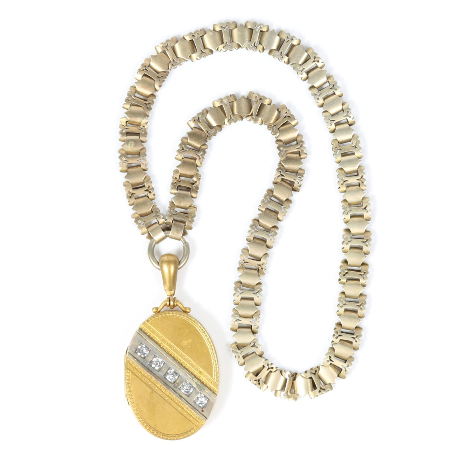 Victorian book chain necklace with gold filled oval locket pendant featuring a diagonal channel of: Victorian book chain necklace with gold filled oval locket pendant featuring a diagonal channel of paste stones, and pair of portraits inside Provenance: From the collection of Sue Rudman, owner of An