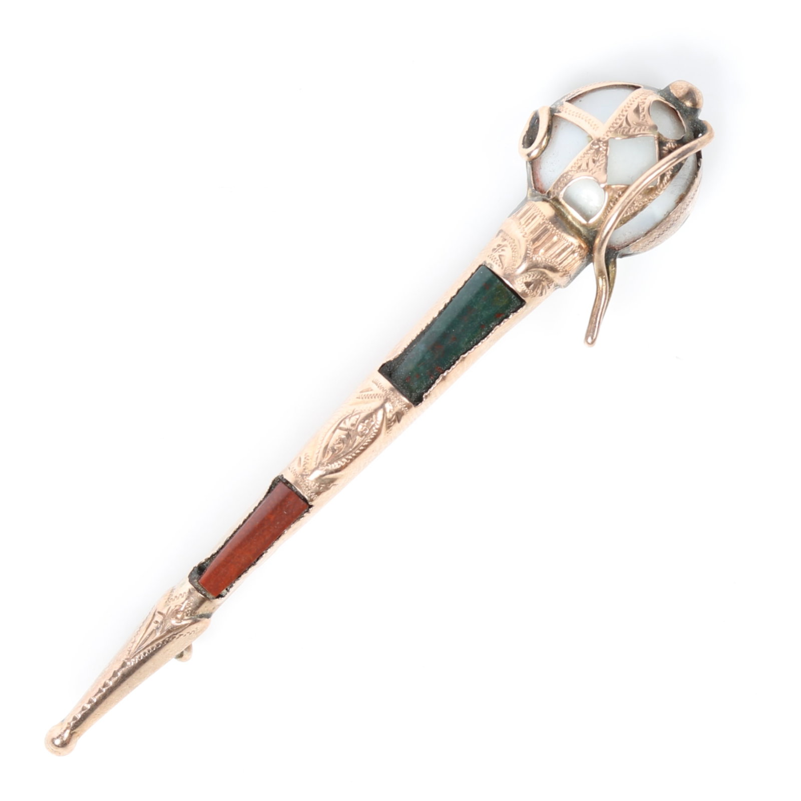 9ct rose gold Victorian Scottish agate dirk sword pin brooch set with bloodstone, jasper, and glass: 9ct rose gold Victorian Scottish agate dirk sword pin brooch set with bloodstone, jasper, and glass cabochon 2.8 dwt. The purchase of gold requires confirmed funds. 2 3/4"L x 1/2"W
