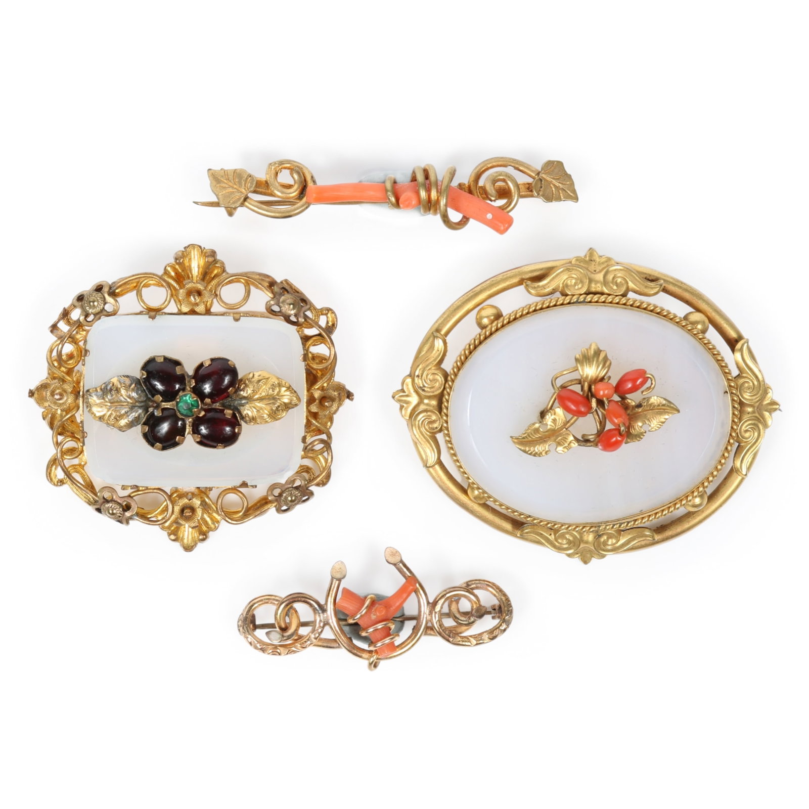 4pc Victorian brooch group including pair of gilt metal calcedony brooches accented with carved (1 of 10)