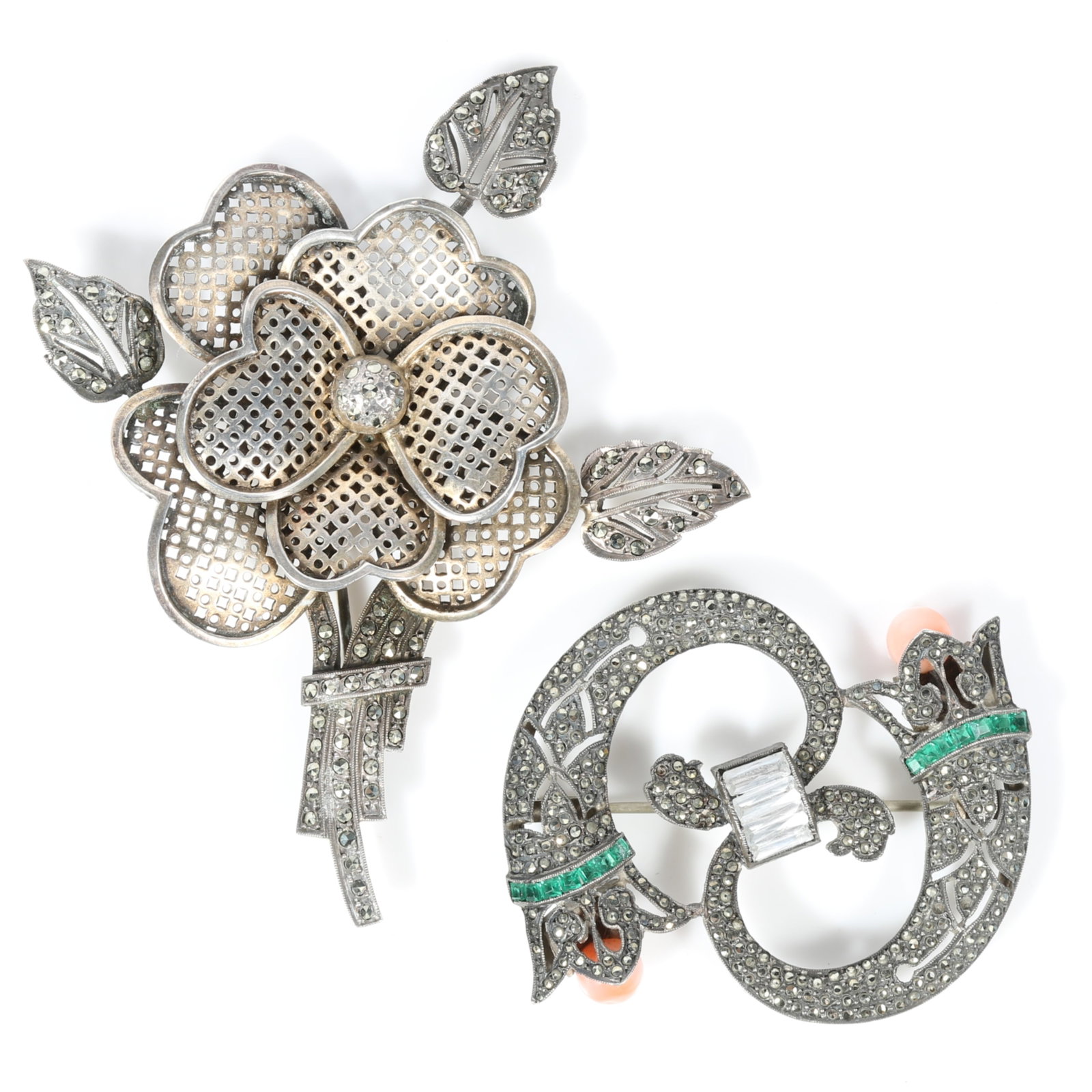 Pair of French Art Deco sterling silver and marcasite brooches including an openwork floral brooch, (1 of 12)