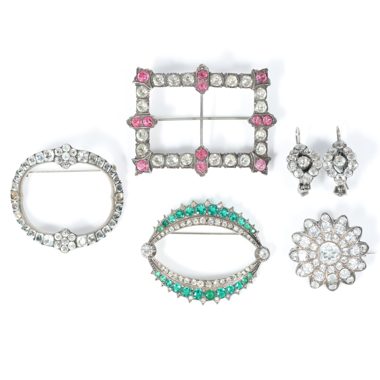 Victorian paste brooches and sterling silver drop earrings with green and pink accent stones,: Victorian paste brooches and sterling silver drop earrings with green and pink accent stones, including pair of unmarked sterling silver converted buckle brooches Provenance: From the collection of Su