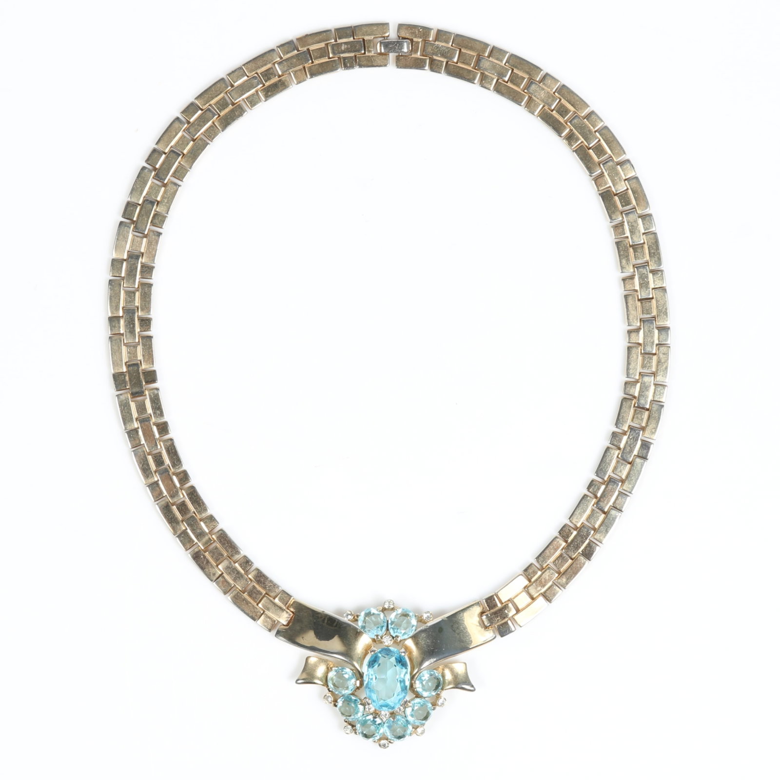 Trifari 1948 Alfred Philippe retro ribbon link drop necklace with aquamarine glass jewels 14 1/2"L x (1 of 12)