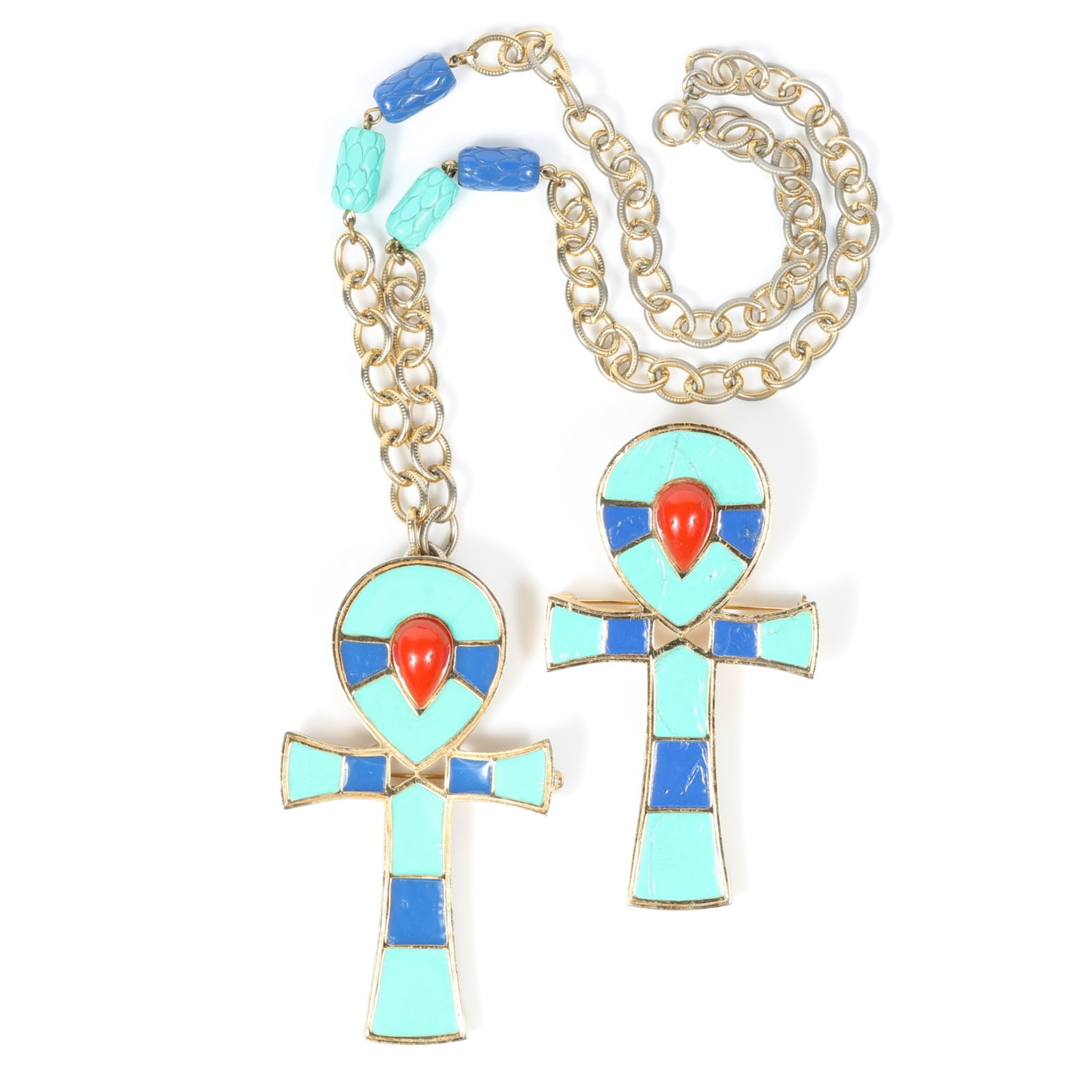 Hattie Carnegie Egyptian Revival LARGE ankh pendant necklace and brooch featuring vibrant turquoise: Hattie Carnegie Egyptian Revival LARGE ankh pendant necklace and brooch featuring vibrant turquoise and blue enamel with red teardrop cabochon accents Pendant is brooch as well Provenance: From the pr