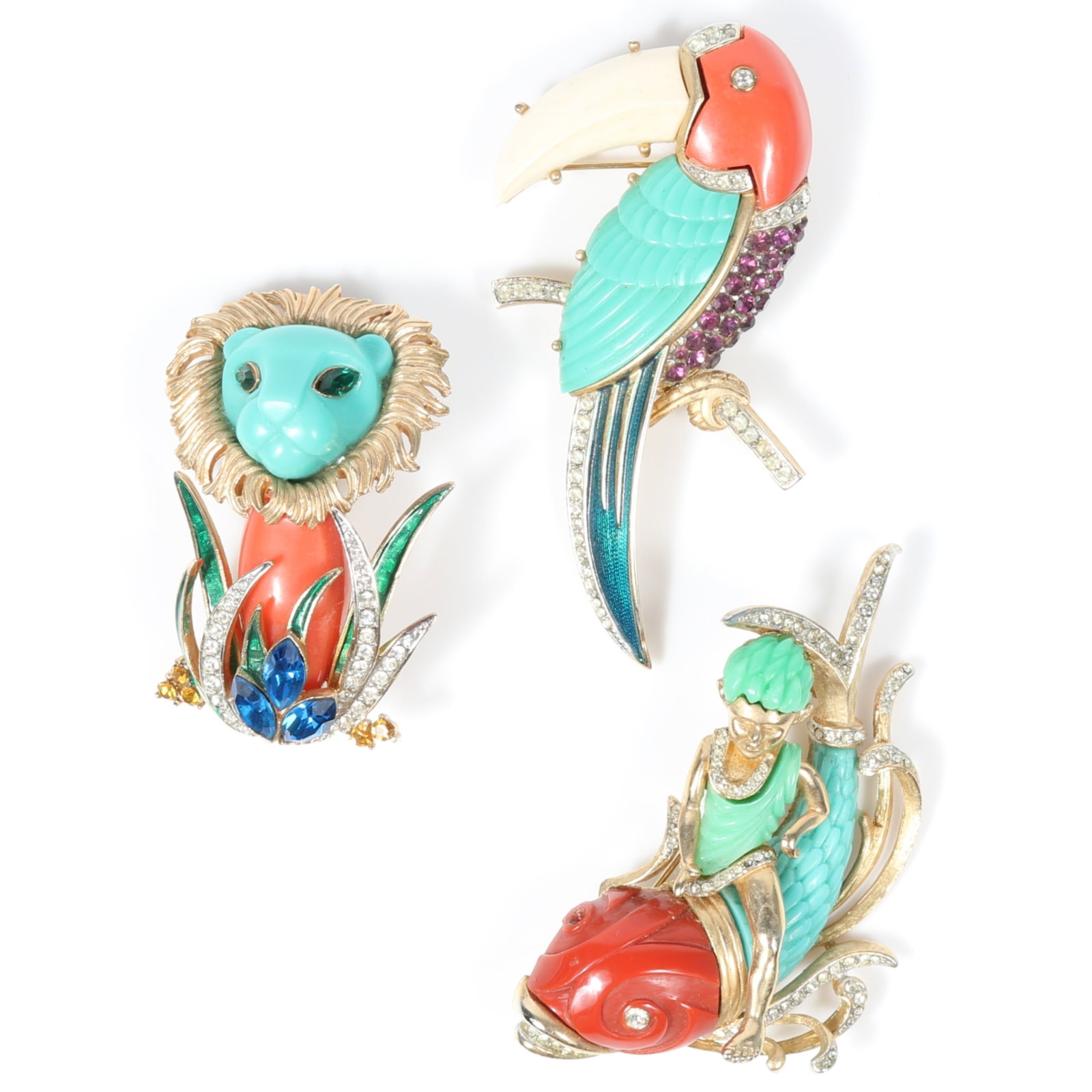 Hattie Carnegie 3pc figural rhinestone crystal and colorful lucite brooch group including a parrot, (1 of 14)
