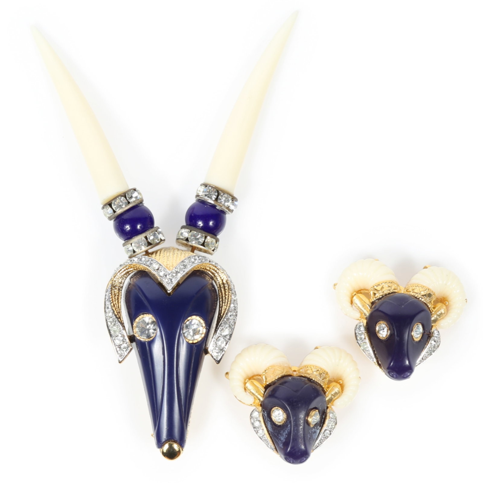 Hattie Carnegie gazelle oryx brooch and matching earrings with diamante rhinestone detail, 3 3/4"H x (1 of 12)