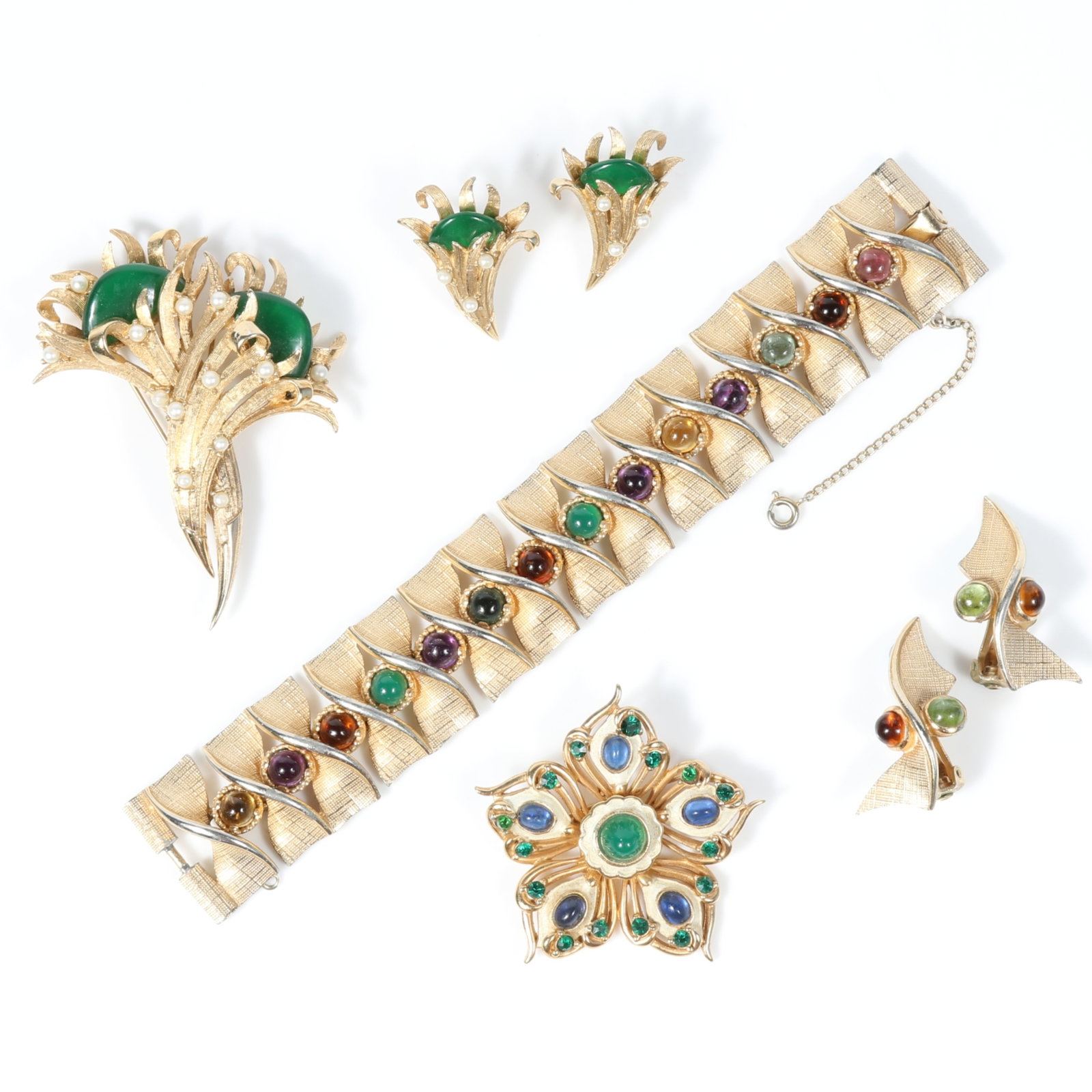 5pc Boucher group: colorful cabochon bracelet with matching earrings, enameled flower brooch with (1 of 20)