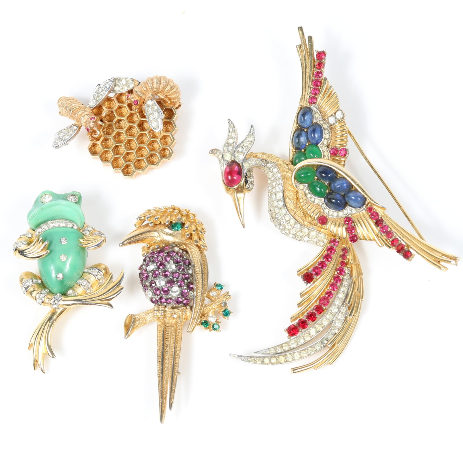 4pc Boucher figural brooch group including large bird of paradise or phoenix with green and blue (1 of 19)