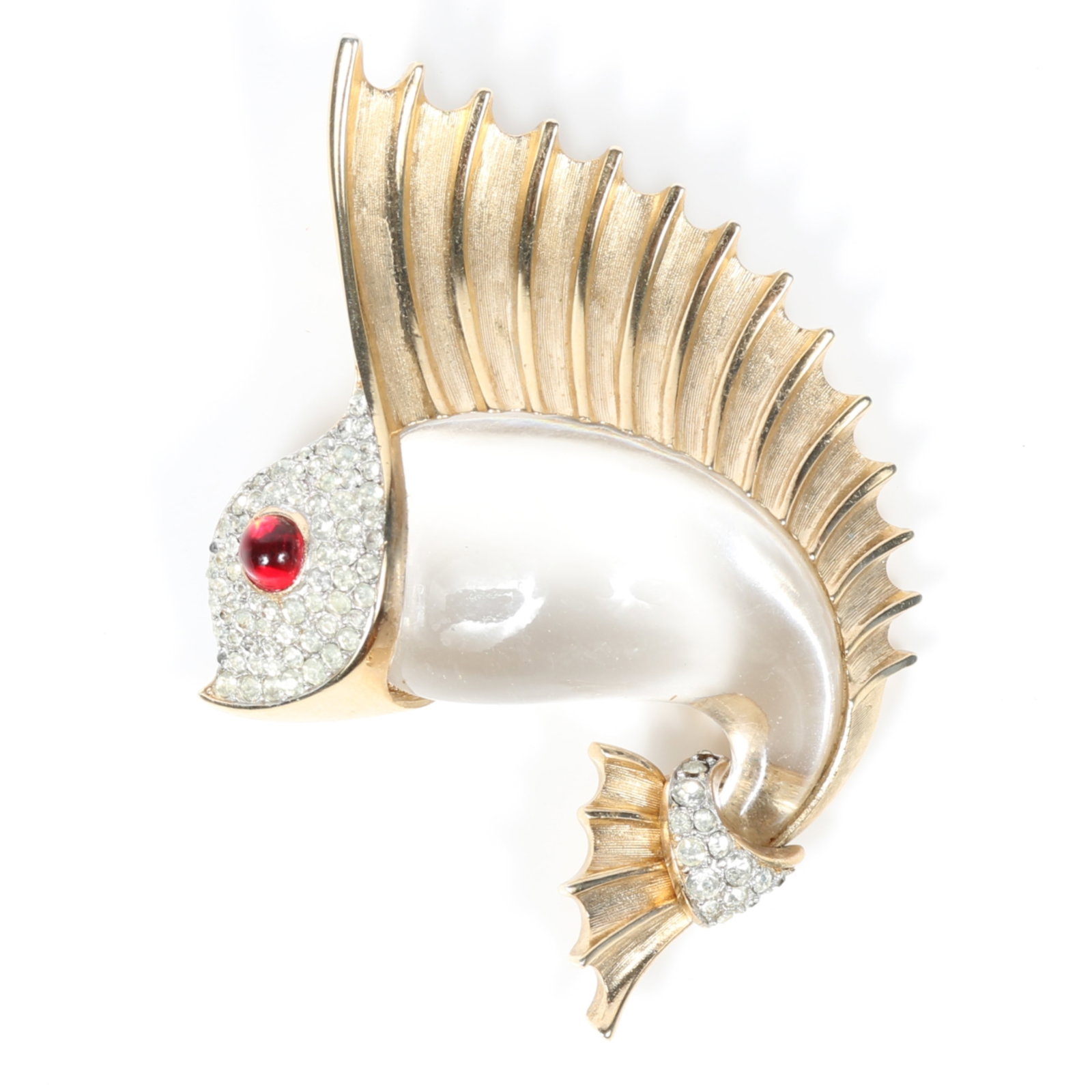 Trifari 1965 "Small Sailfish" jelly belly brooch with pave decorated head and tail and ruby cabochon: Trifari 1965 "Small Sailfish" jelly belly brooch with pave decorated head and tail and ruby cabochon eye. 2 3/4"H x 2"W