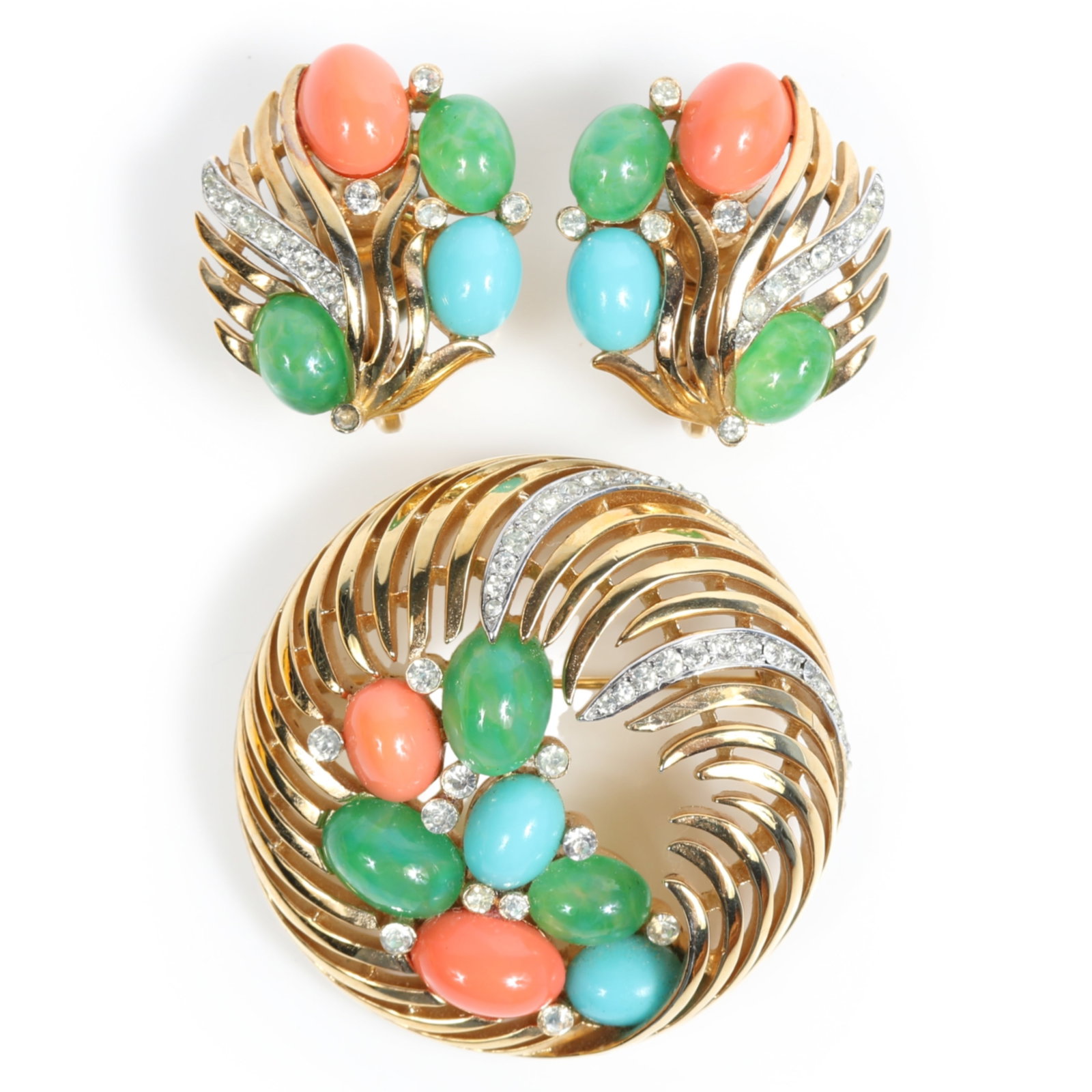 Crown Trifari Jewels of India brooch and matching earrings with faux coral, turquoise, and jade: Crown Trifari Jewels of India brooch and matching earrings with faux coral, turquoise, and jade cabochons 1 1/2"Diam (brooch)