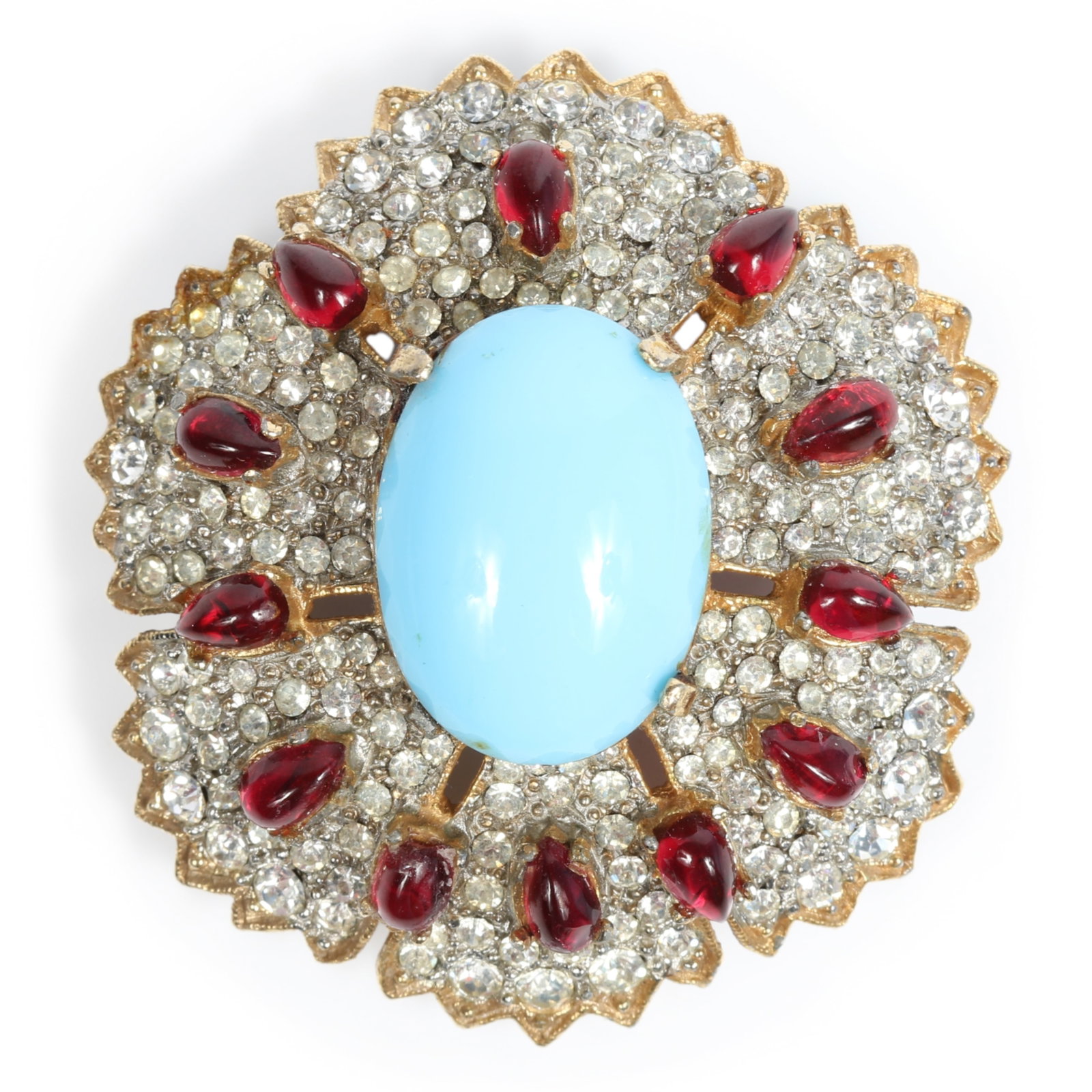 Kenneth Jay Lane / KJL 1960's brooch with large faux turquoise cabochon gem, red pear shape cabochon (1 of 12)