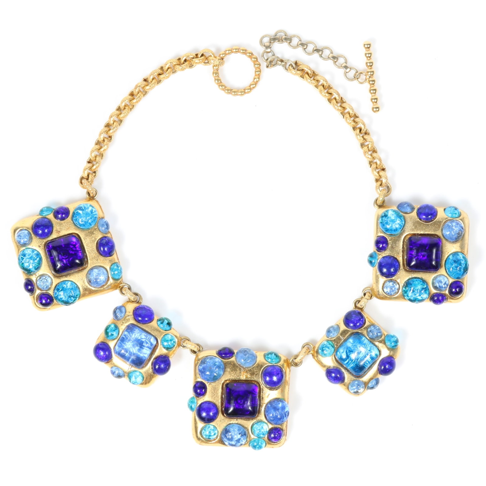 Dominique Aurientis Paris Gripoix glass cabochon plaque collar necklace in rich shades of blue 17"L: Dominique Aurientis Paris Gripoix glass cabochon plaque collar necklace in rich shades of blue Provenance: From the private collection of Dr. Claudia Brodhead 17"L x 1 1/2"Drop