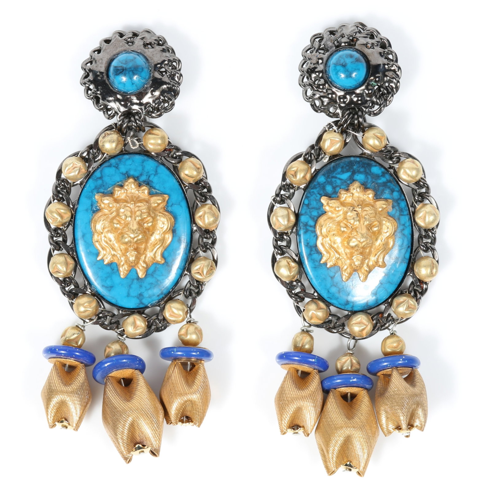 Lawrence VRBA large drop earrings featuring dimensional gilt lion's head set against a faux: Lawrence VRBA large drop earrings featuring dimensional gilt lion's head set against a faux turquoise oval cabochon, with textured golden-fabric tassel drops capped by cobalt blue accent rings Provena