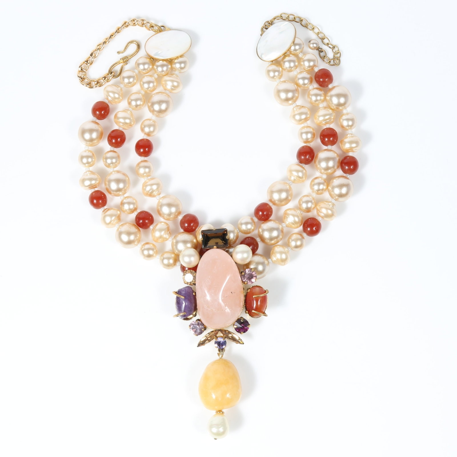 Philippe Ferrandis Paris triple strand multi gemstone necklace with rose quartz, carnelian,: Philippe Ferrandis Paris triple strand multi gemstone necklace with rose quartz, carnelian, amethyst, smoky topaz, MOP, and faux pearls Provenance: From the private collection of Dr. Claudia Brodhead 
