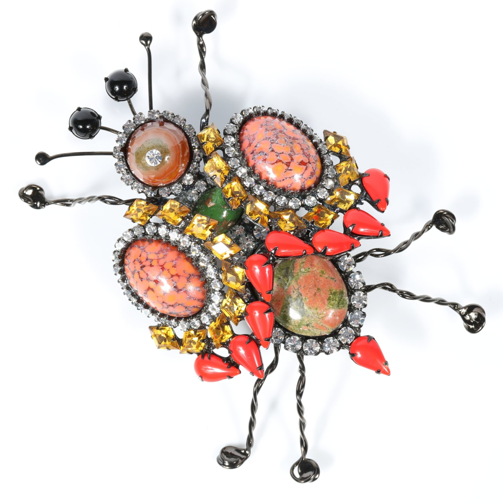 Christopher Crouch Moans Couture GIANT dimensional bug brooch with natural stone, art glass, and: Christopher Crouch Moans Couture GIANT dimensional bug brooch with natural stone, art glass, and multi colored rhinestone crystals Provenance: From the Collection of Joan Duran, owner of The Queen's B