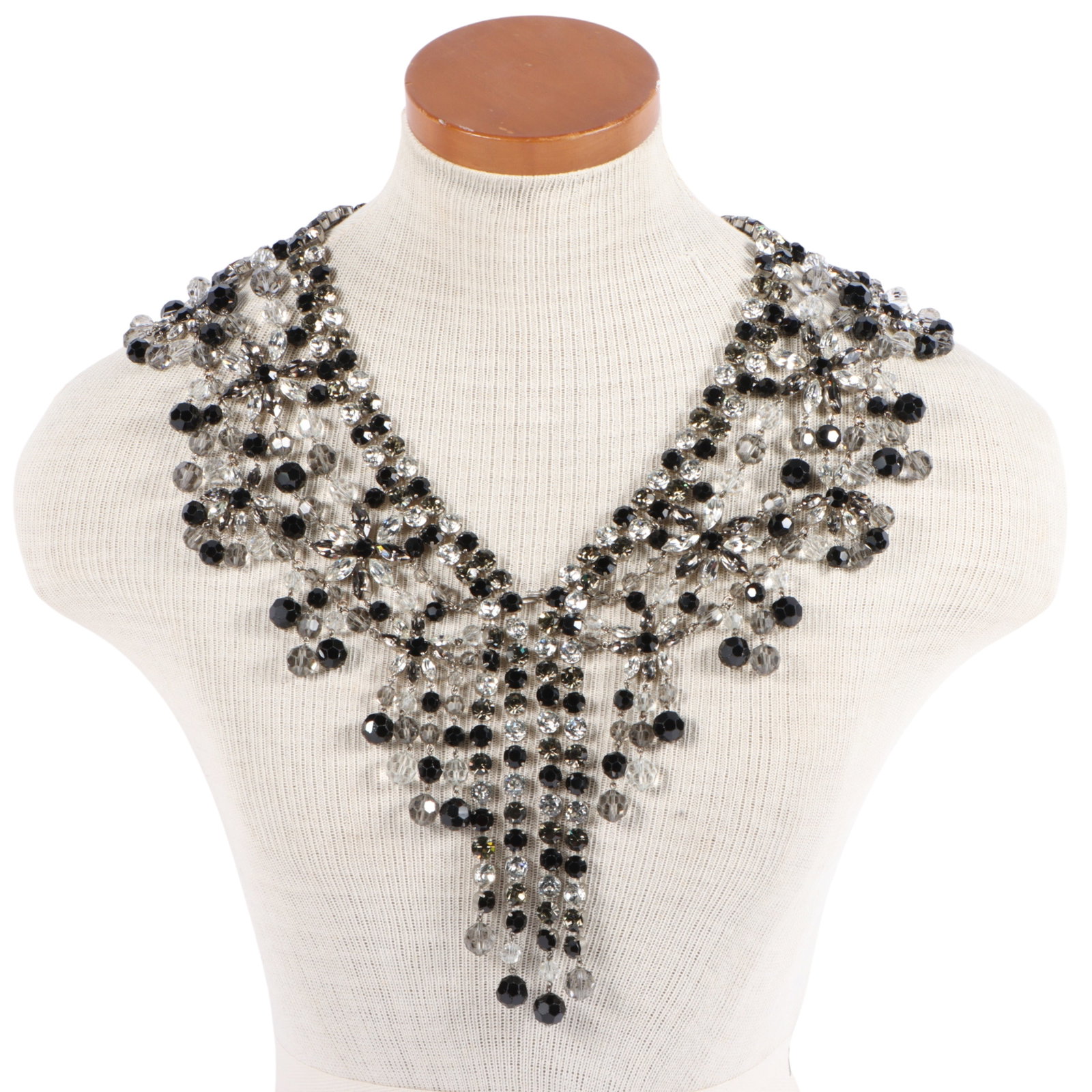 HUGE floral design black, champagne, and diamante beaded crystal collar with drop fringe 23 1/2"L: HUGE floral design black, champagne, and diamante beaded crystal collar with drop fringe Provenance: From the private collection of Dr. Claudia Brodhead 23 1/2"L (to be hooked closed) - 34"L total len
