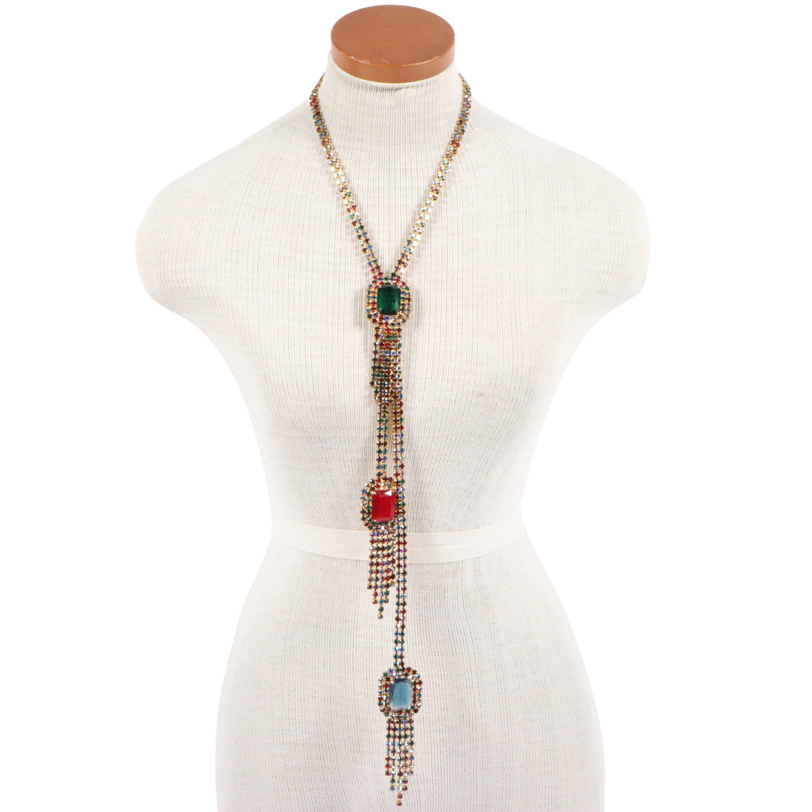 Super long showgirl lariat style necklace with red, green, and blue jewels and rhinestone crystals (1 of 11)