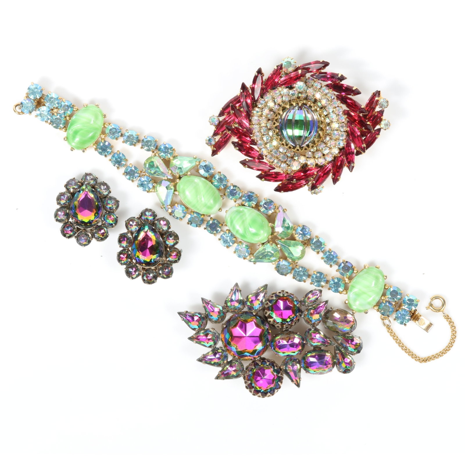 Schiaparelli green striped art glass cabochon and AB crystal bracelet, Schiaparelli swirled navette (1 of 14)