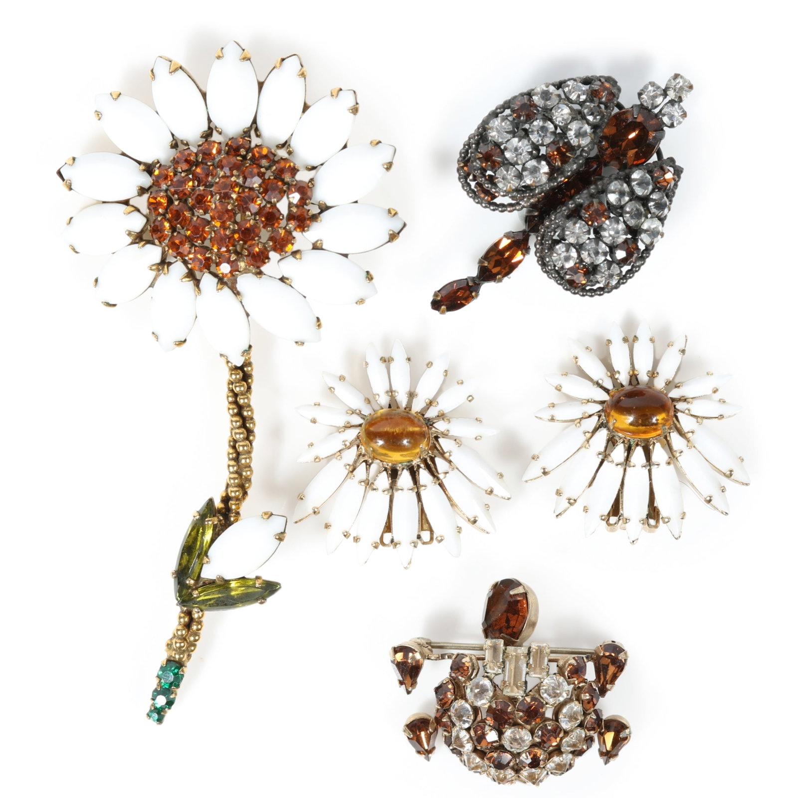 4pc costume jewelry group: Schreiner daisy floral earrings with glass cabochons, unsigned Schreiner (1 of 12)