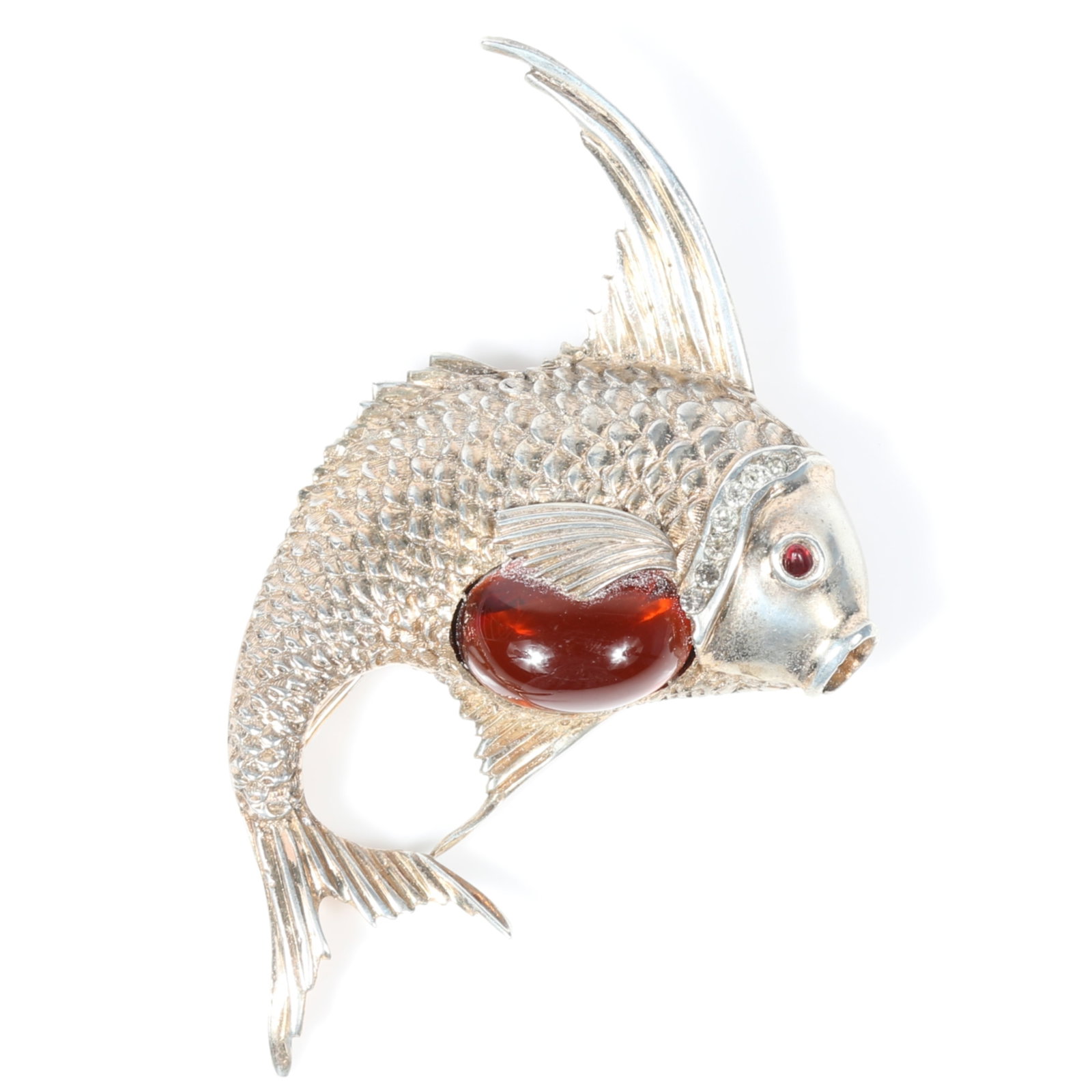 Ciner sterling vermeil jelly belly style dimensional leaping fish brooch featuring highly detailed,: Ciner sterling vermeil jelly belly style dimensional leaping fish brooch featuring highly detailed, textured scales and fins, rhinestone collar, and domed amber glass cabochon belly Provenance: From t