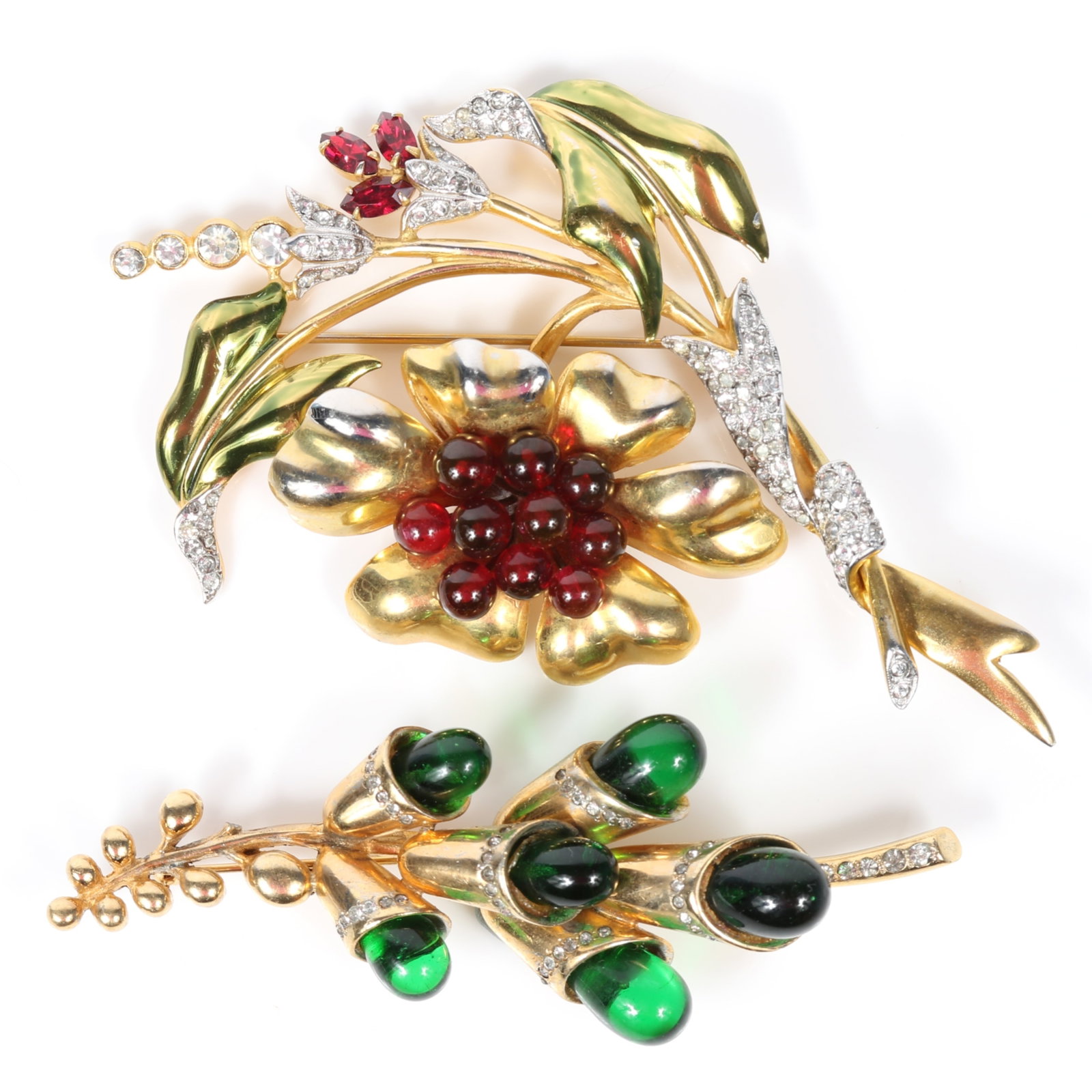 Pair of fabulous retro floral brooches with glass cabochons, and pave 4 1/2"H x 2 1/2"W (larger): Pair of fabulous retro floral brooches with glass cabochons, and pave Provenance: From the collection of Sue Rudman, owner of Antique Source, Ltd in NYC for more than 45 years. 4 1/2"H x 2 1/2"W (larg