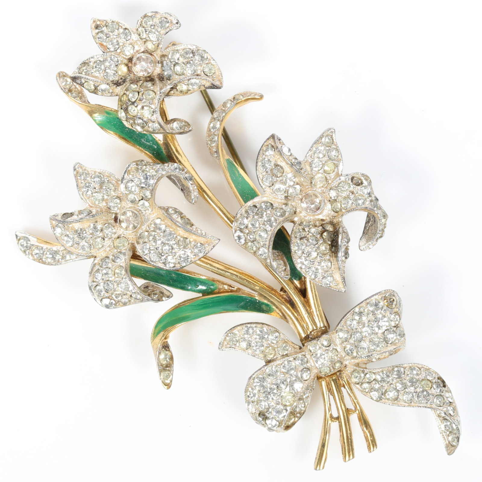Large Coro Craft / CoroCraft sterling vermeil floral triple lily bouquet brooch with diamante (1 of 12)