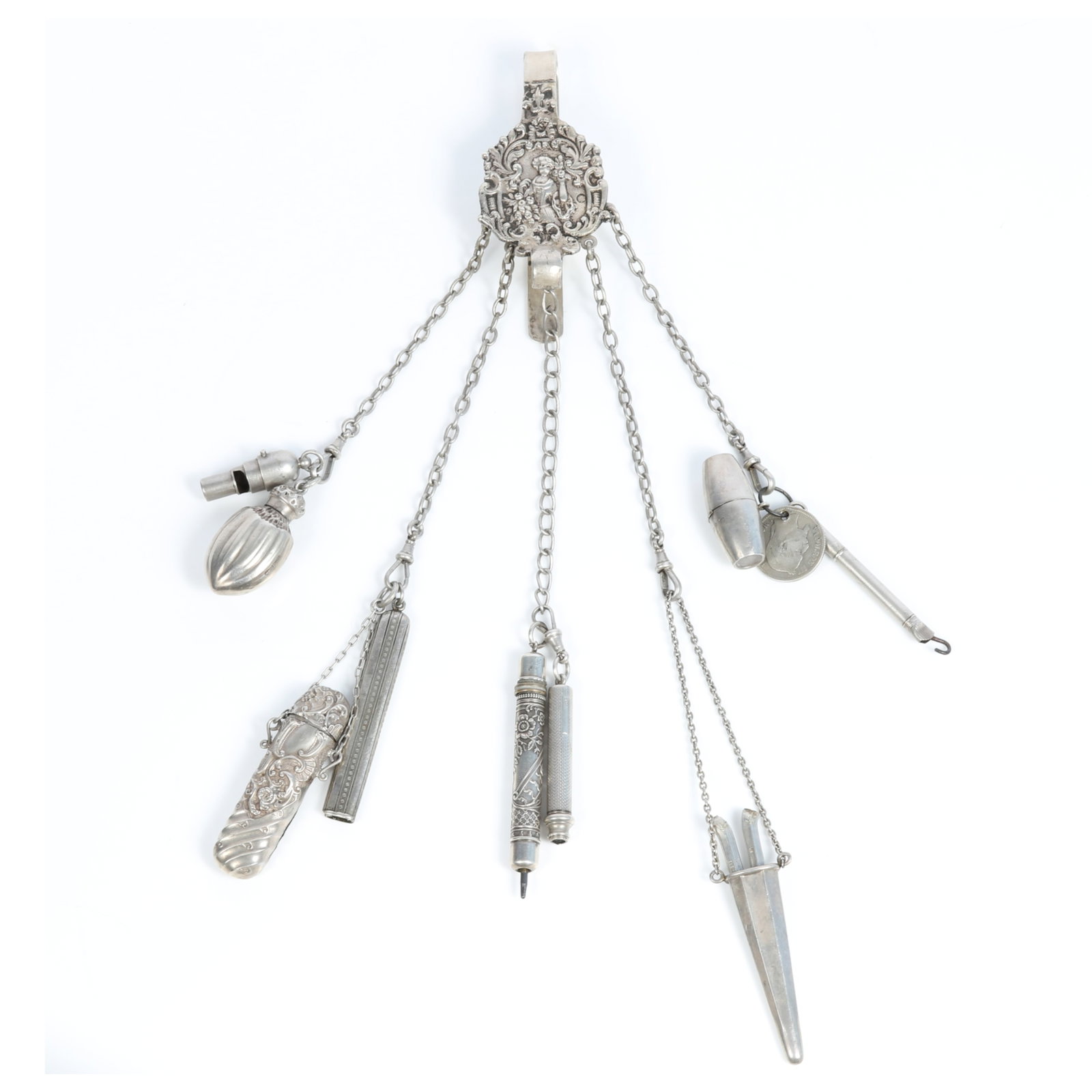 Mostly sterling Victorian chatelaine with perfume bottle, whistle, match safe, mechanical pencil (1 of 18)