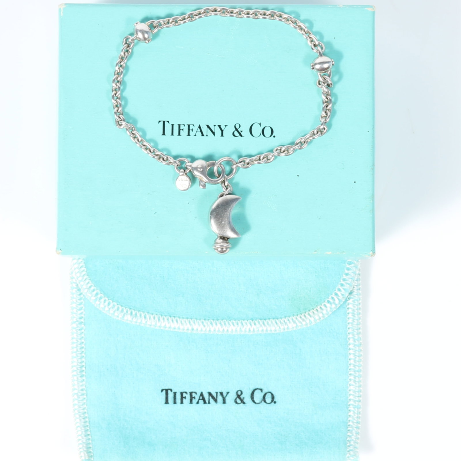 Tiffany & Co. sterling silver crescent moon charm bracelet with original pouch and box 7 1/4"L x (1 of 10)