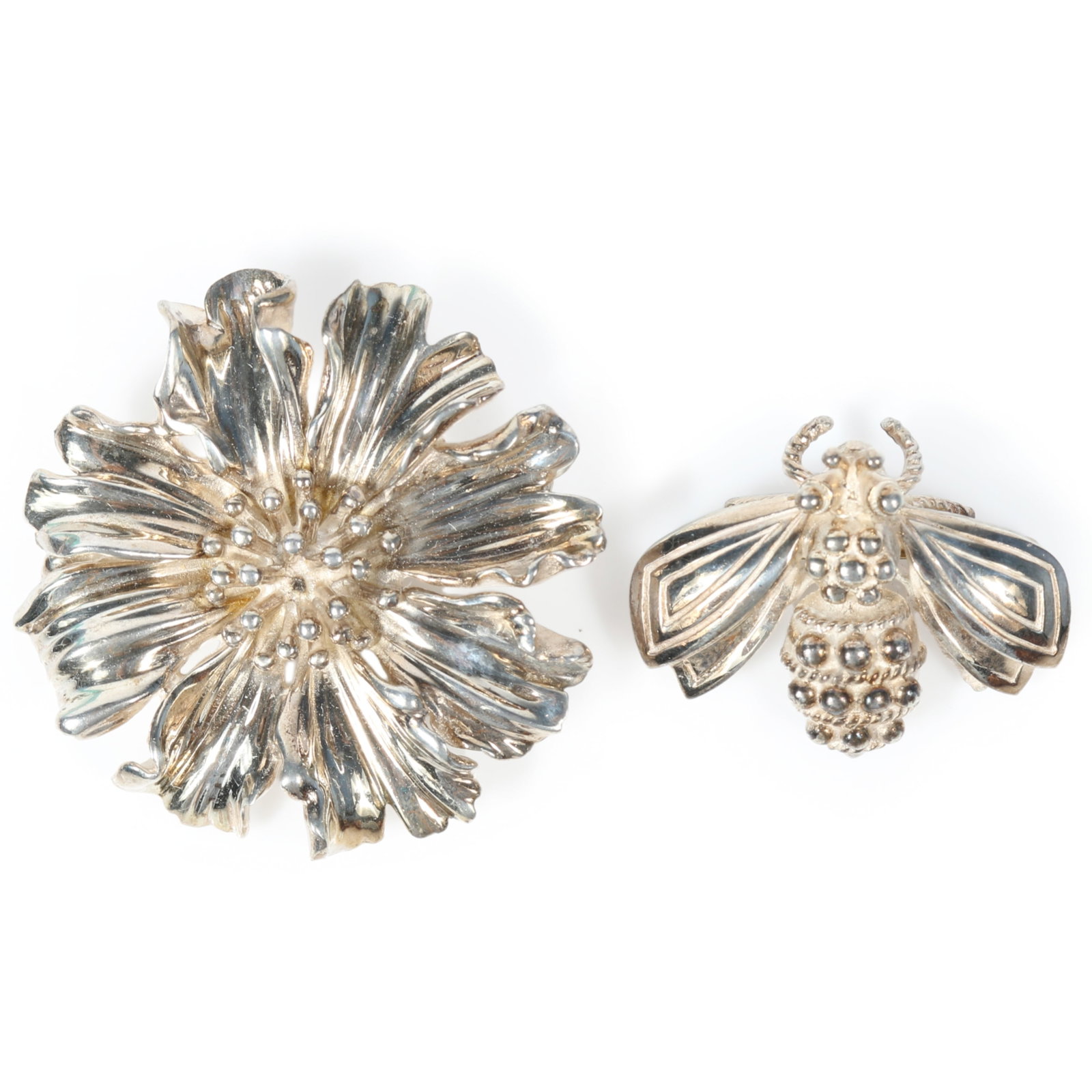 Tiffany & Co. sterling silver 2pc group: marigold flower brooch with bee brooch, includes pouch and (1 of 11)