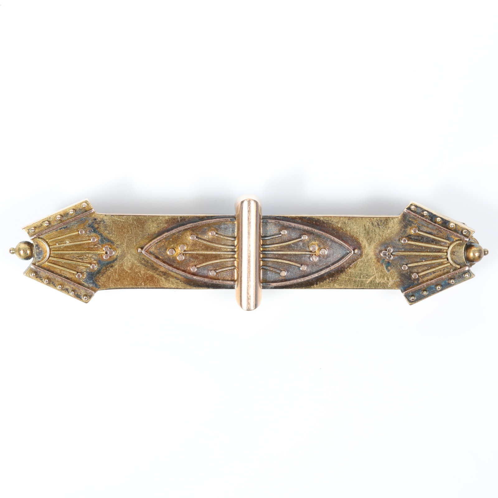 14k Victorian yellow and rose gold Etruscan Revival bar brooch 2 5/8"H x 5/8"W: 14k Victorian yellow and rose gold Etruscan Revival bar brooch 3.30 dwt. Provenance: From the collection of Sue Rudman, owner of Antique Source, Ltd in NYC for more than 45 years. The purchase of gold
