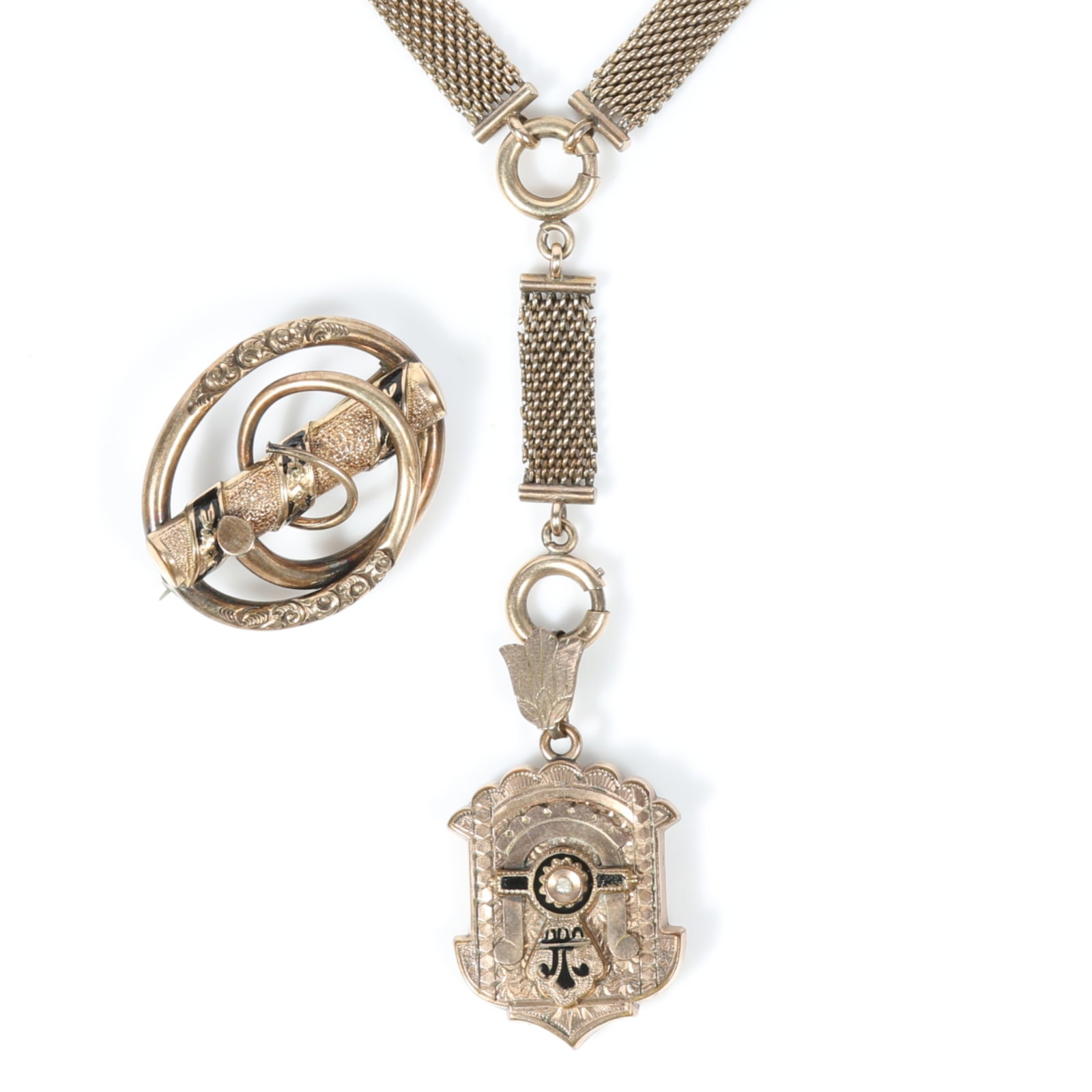 2pc Victorian taille d'epargne enamel and gold plated group including mesh chain pendant necklace: 2pc Victorian taille d'epargne enamel and gold plated group including mesh chain pendant necklace with seed pearl, and love knot brooch with textured, chased floral engraving There's some wear to the 