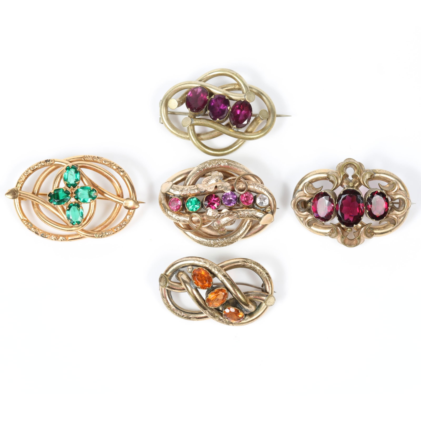 5pc group of Victorian love knot brooches including "Regard" multi colored glass stone brooch. 1 (1 of 10)