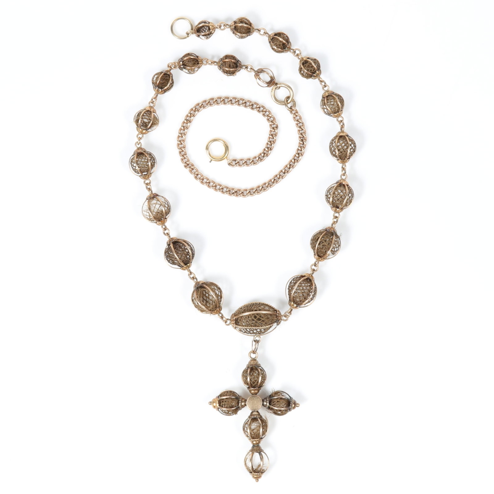 14K Victorian mourning hair jewelry cross necklace with woven hair work spheres encased in delicate: 14K Victorian mourning hair jewelry cross necklace with woven hair work spheres encased in delicate gold wire work 13.70 dwt. Several woven hair detail patterns are partially missing. Provenance: From